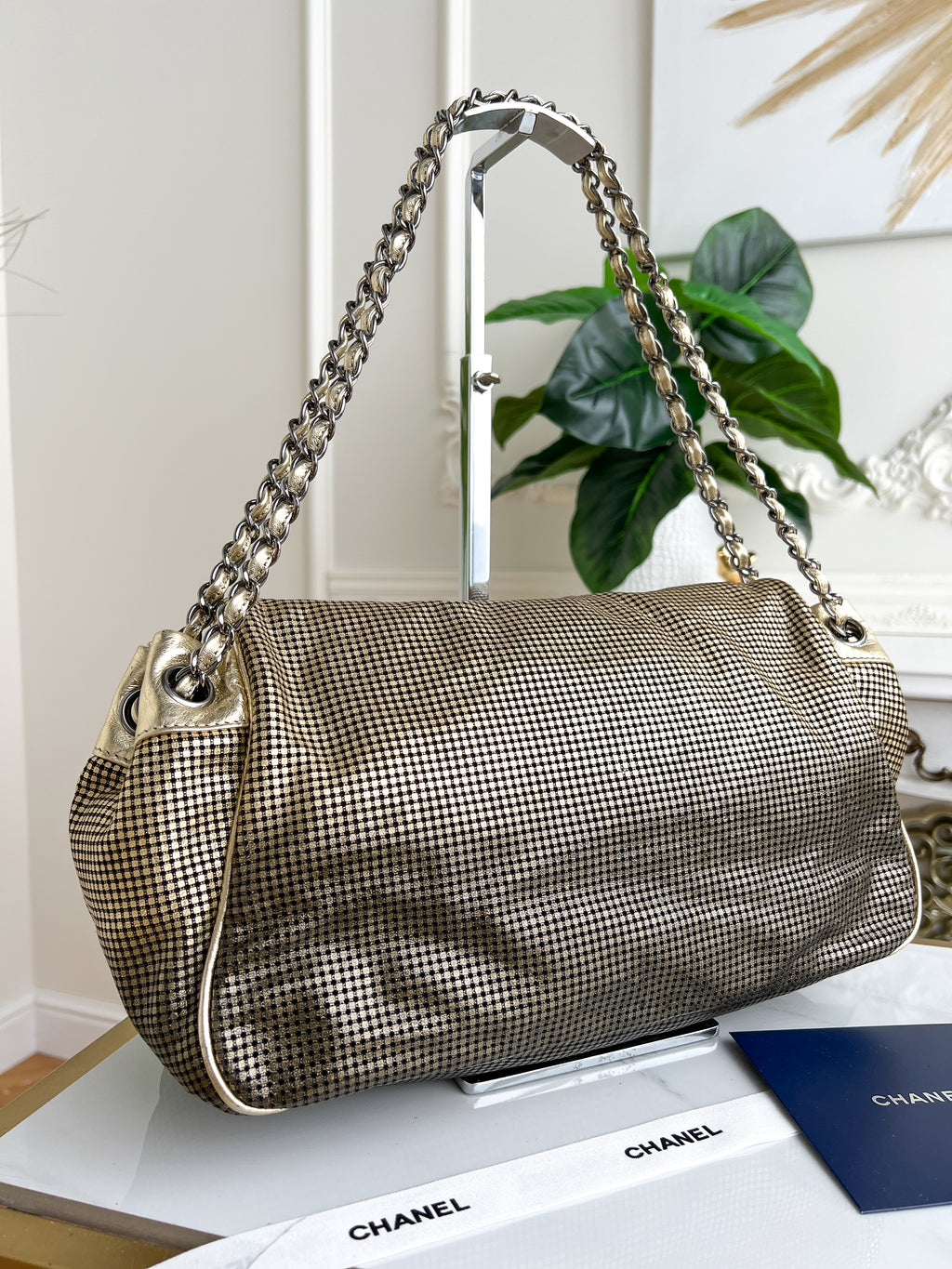 Authentic Chanel tote accordion gold leather chain bag crossbody handbag