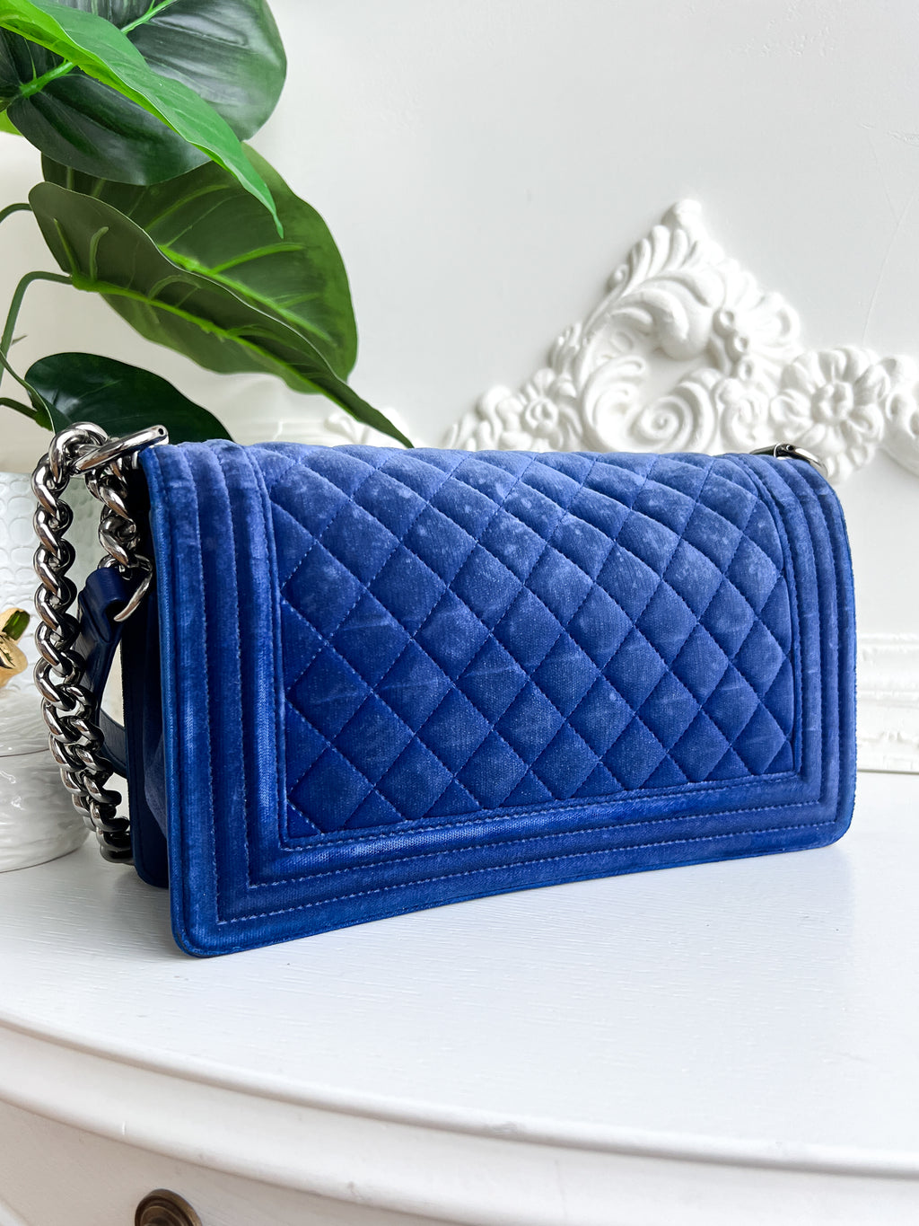 Authentic Chanel Old Boy velvet blue crossbody