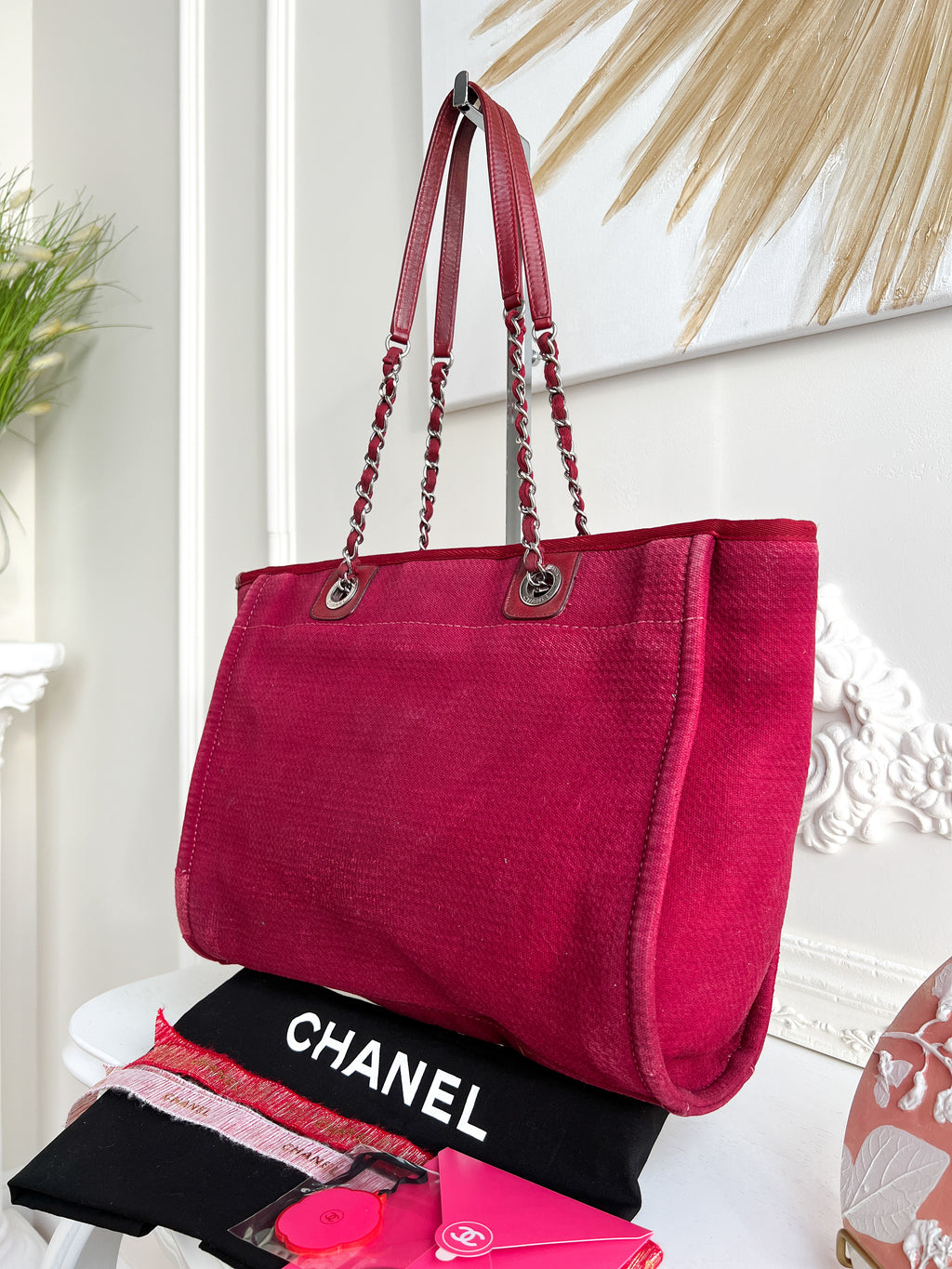 Authentic Chanel Deauville tote red in Cotton Shoulder handbag