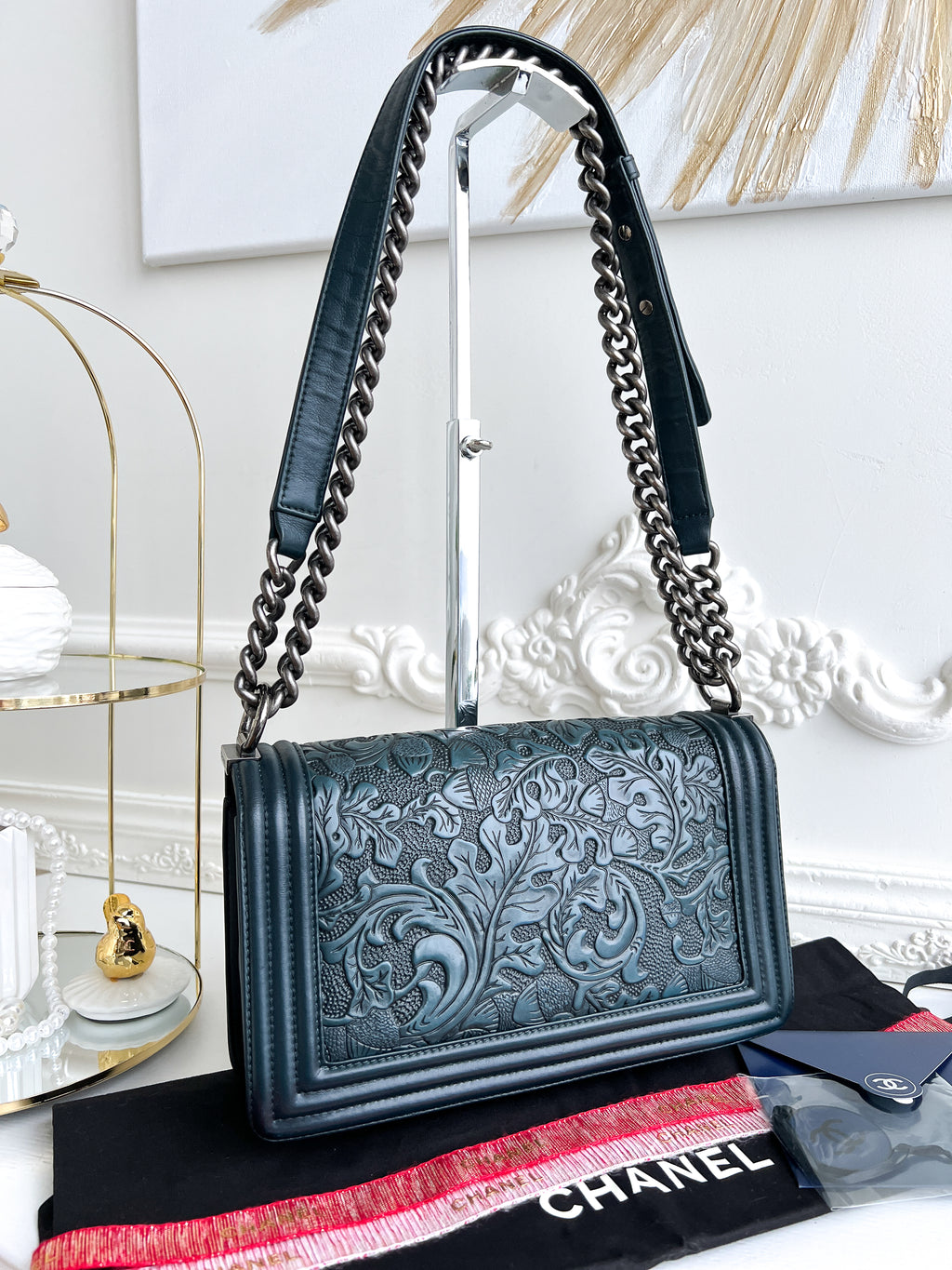 Authentic Chanel old Boy Cordoba Rare Leather dark blue crossbody bag