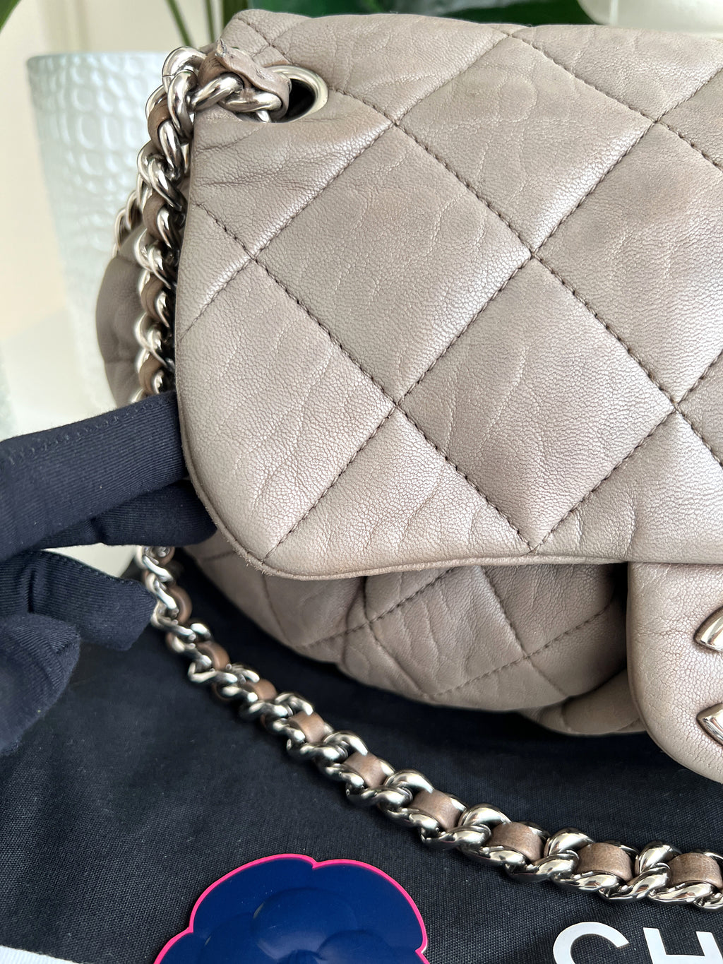 Chanel Quilted Large Chain Flap Taupe Crossbody Gray-Beige Clutch