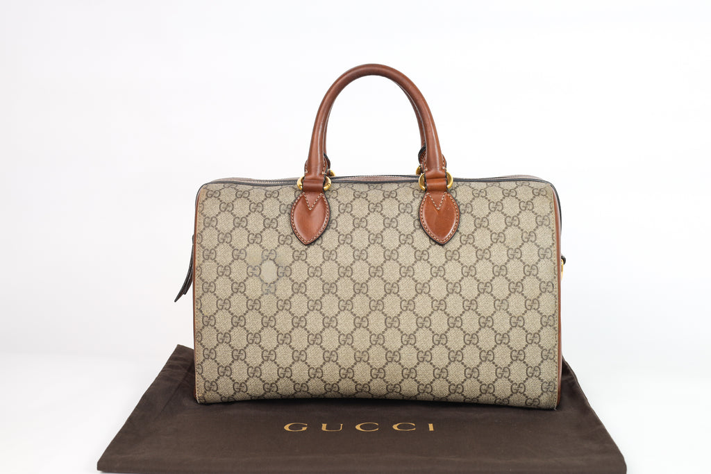 Authentic Gucci Boston Supreme Medium  Brown in Leather Canvas Monogram Satchel