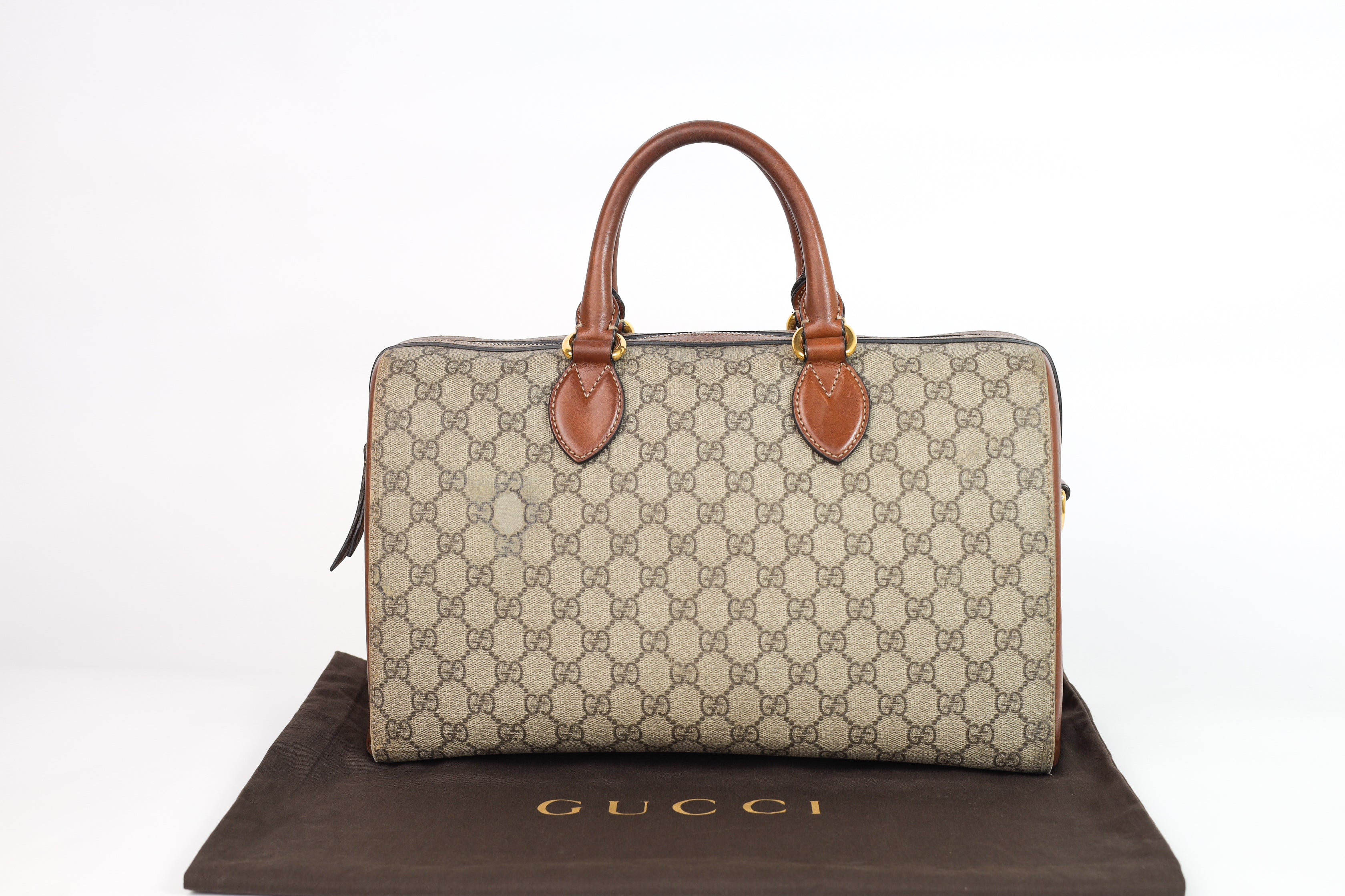 Authentic Gucci Boston Supreme Medium  Brown in Leather Canvas Monogram Satchel