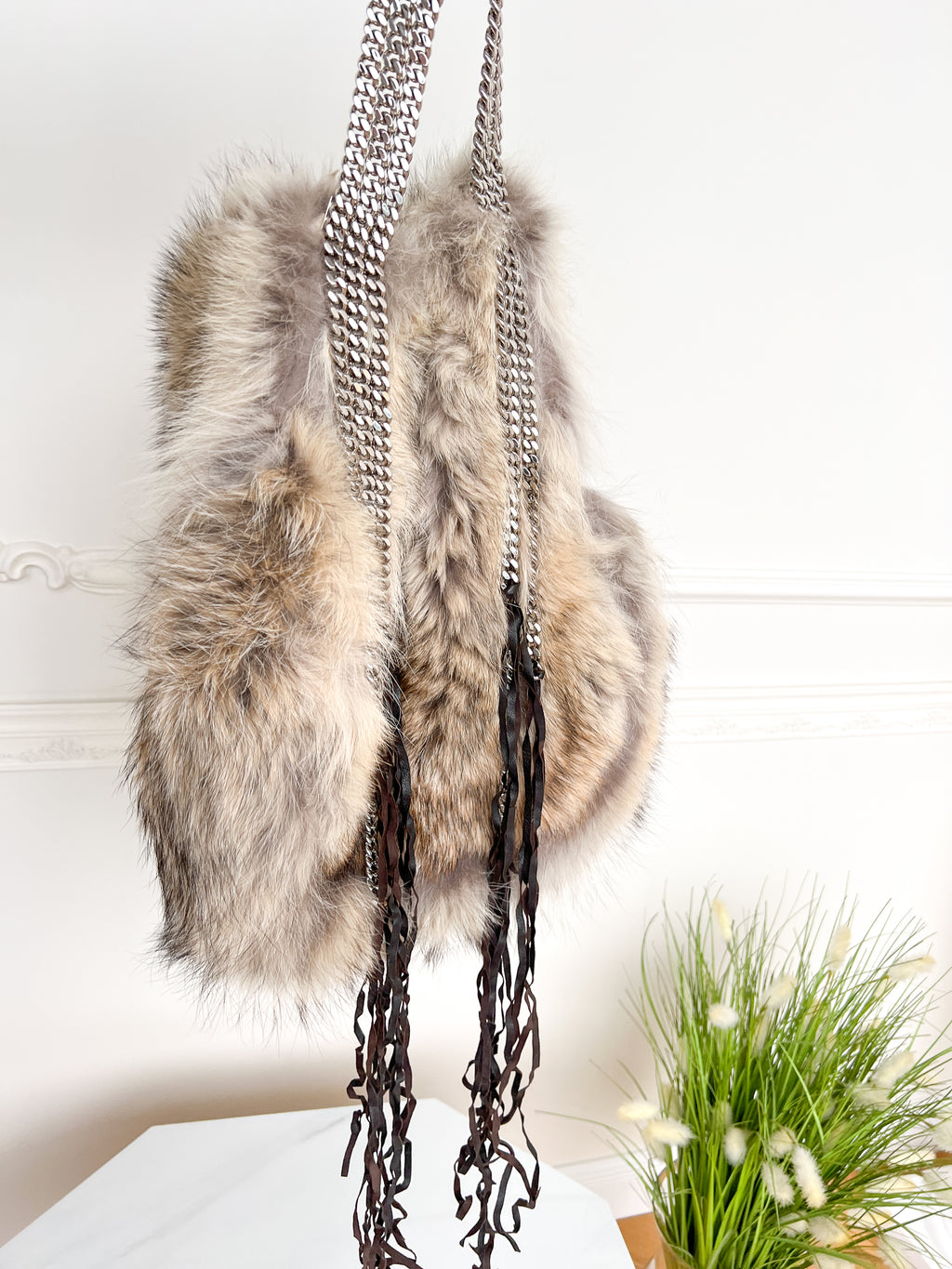 Authentic Christian Louboutin Marianna medium rider coyote fur chains shoulder handbag