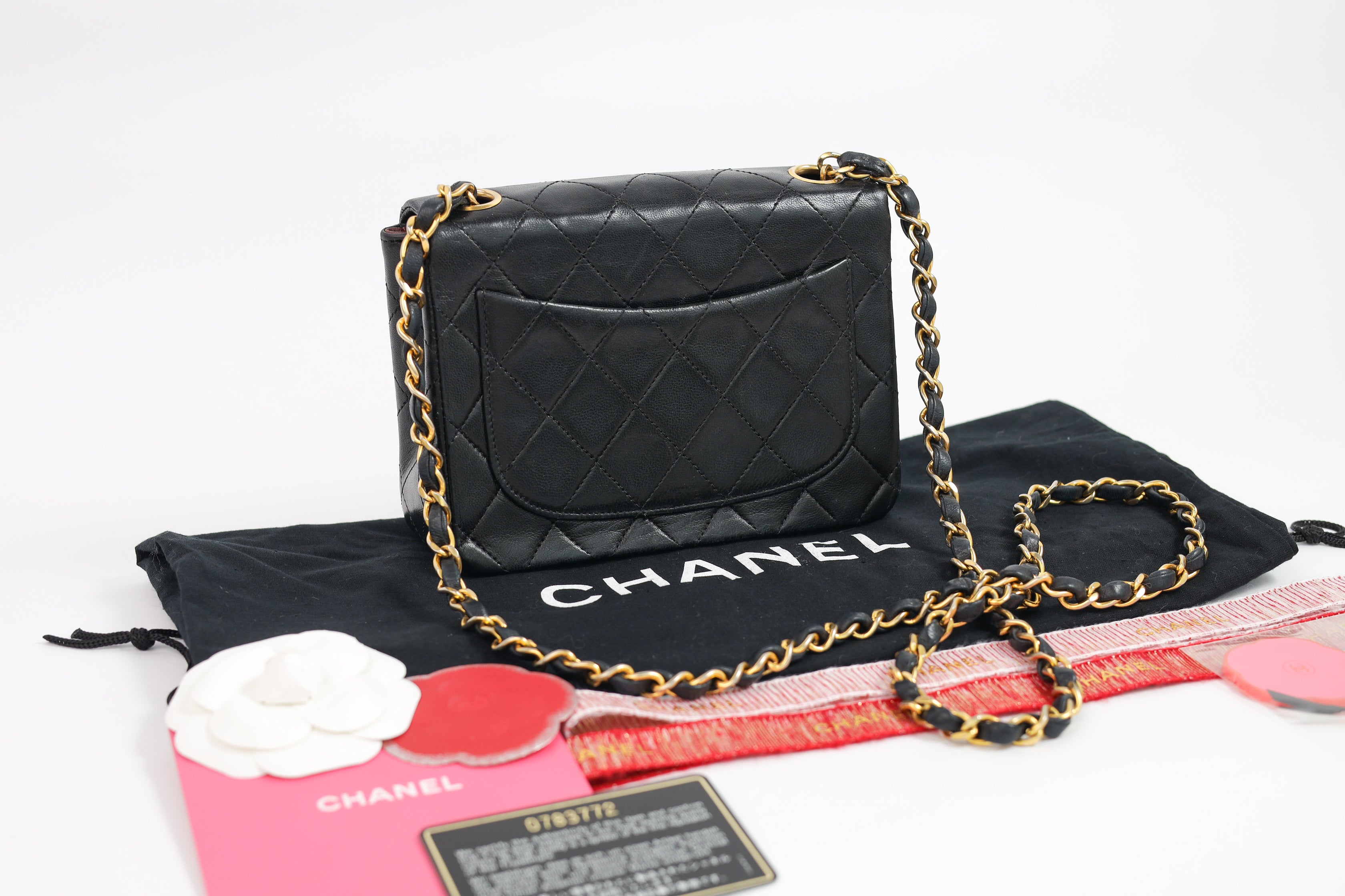 Authentic Chanel Mini square one flap Lambskin chain Shoulder Bag crossbody black