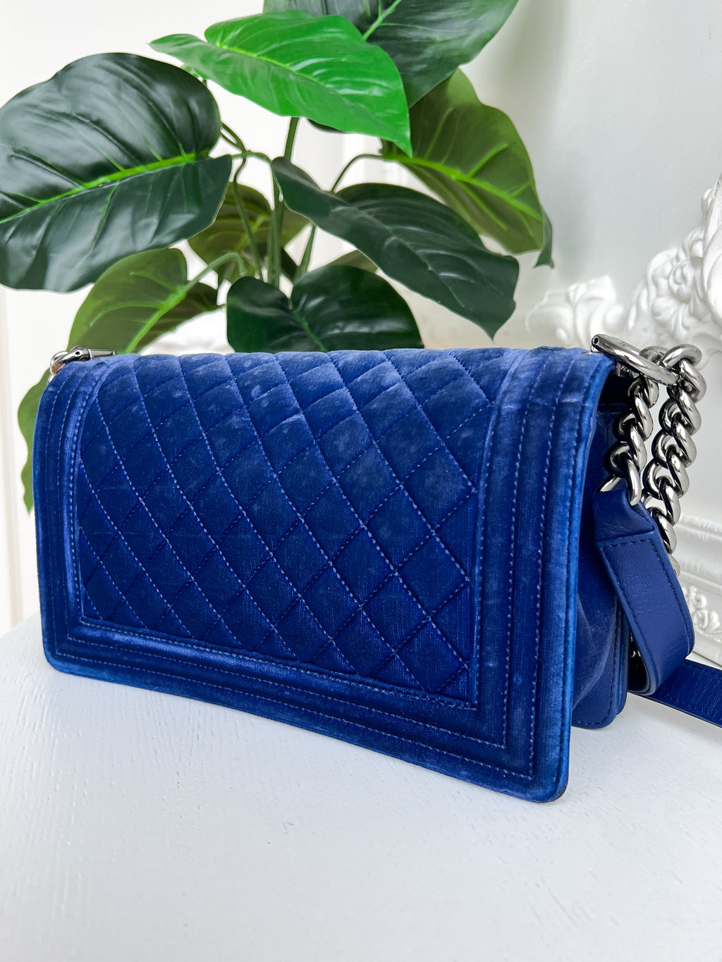 Authentic Chanel Old Boy velvet blue crossbody