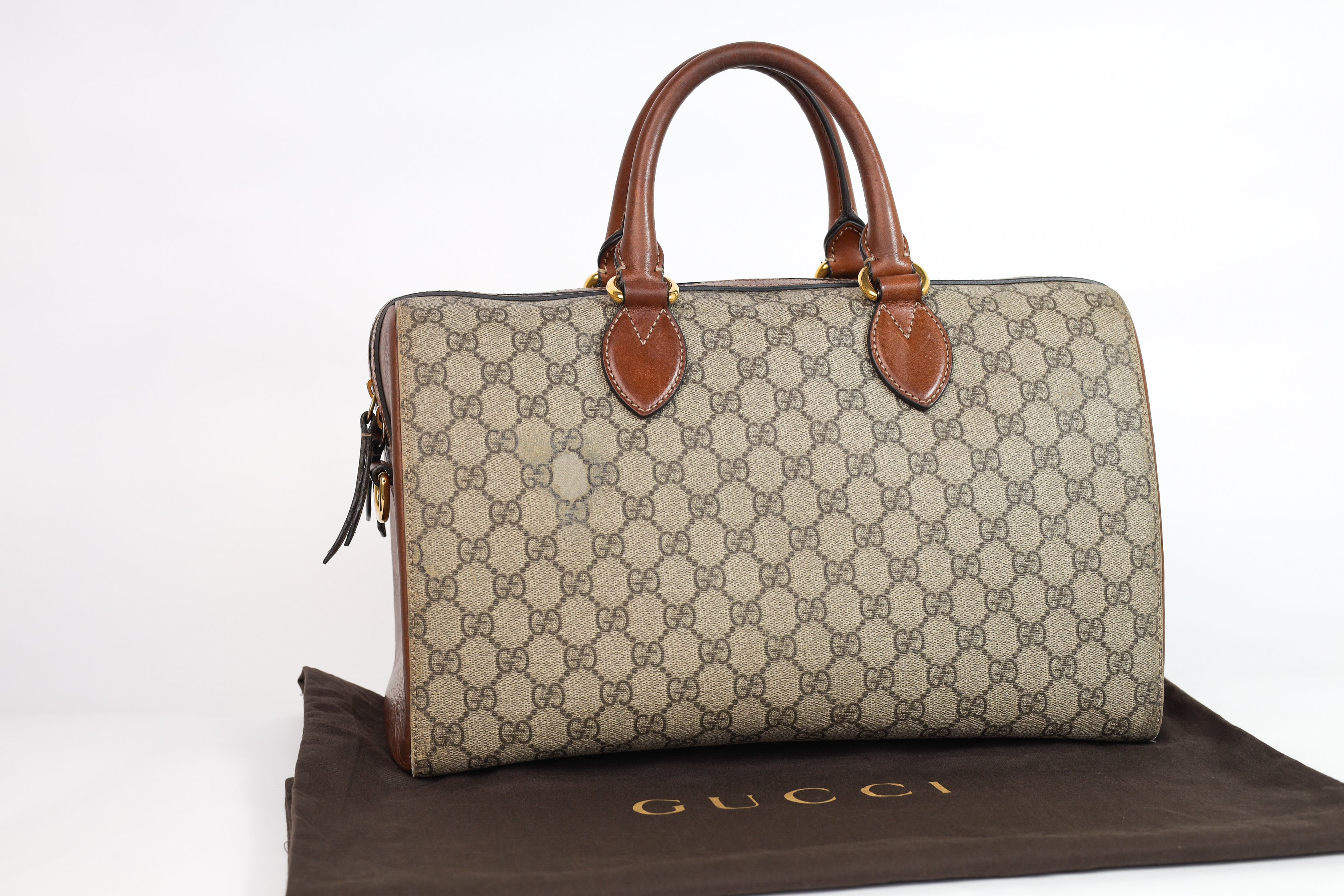 Authentic Gucci Boston Supreme Medium  Brown in Leather Canvas Monogram Satchel