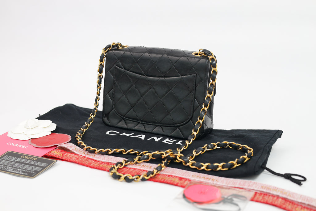 Authentic Chanel Mini square one flap Lambskin chain Shoulder Bag crossbody black