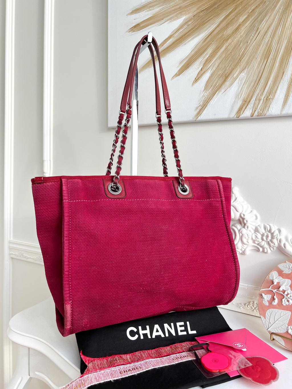 Authentic Chanel Deauville tote red in Cotton Shoulder handbag