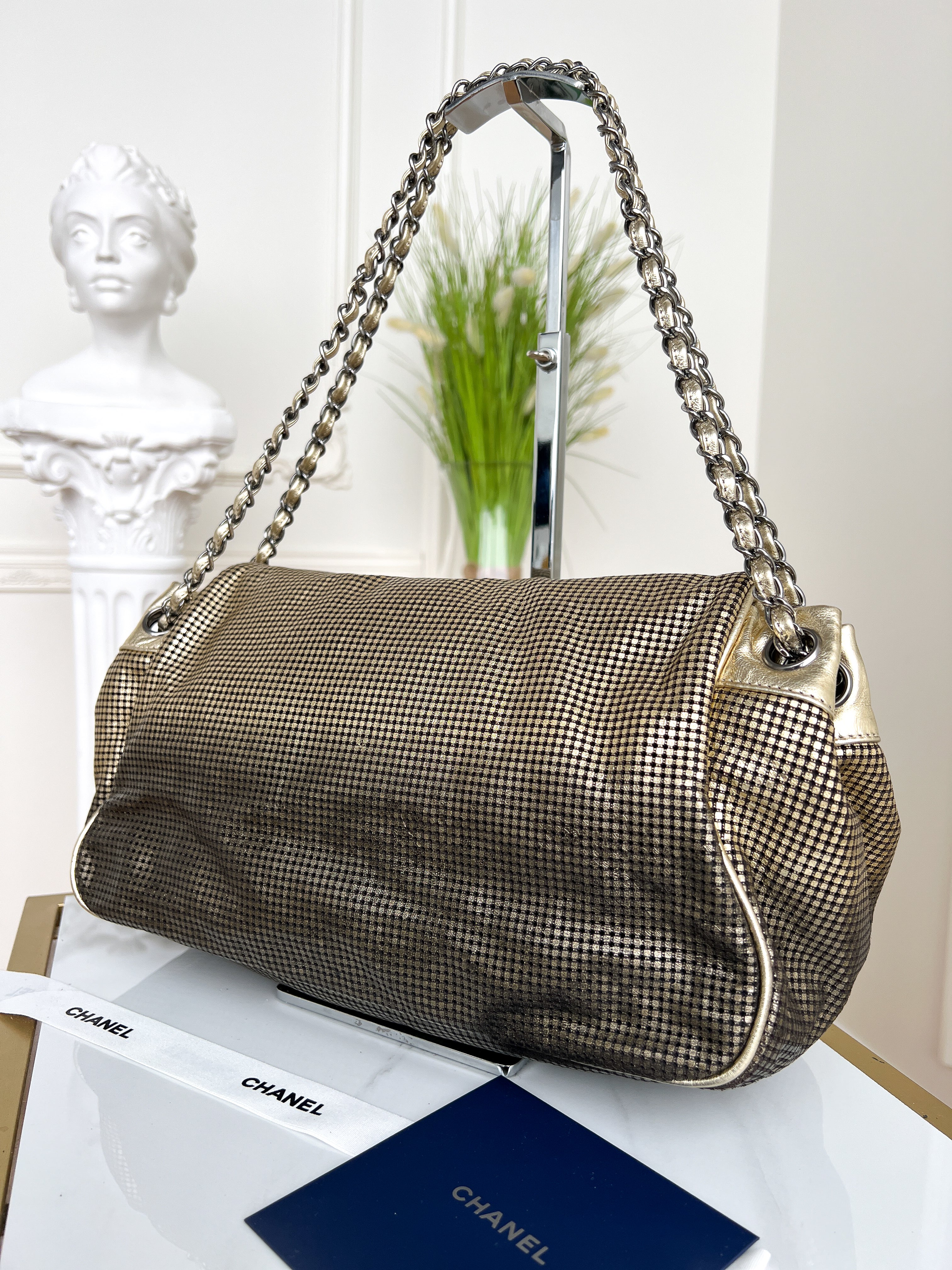 Authentic Chanel tote accordion gold leather chain bag crossbody handbag