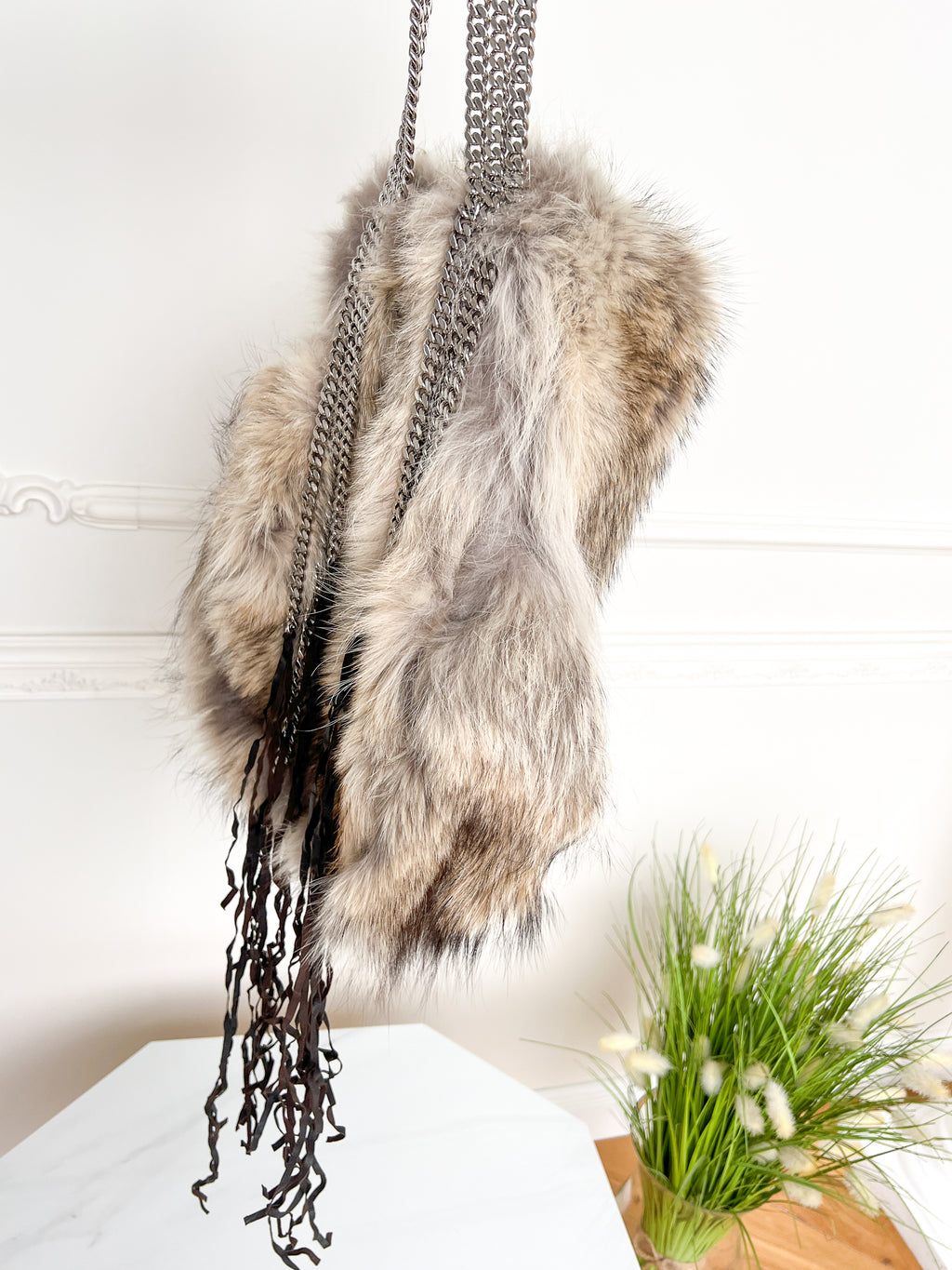 Authentic Christian Louboutin Marianna medium rider coyote fur chains shoulder handbag
