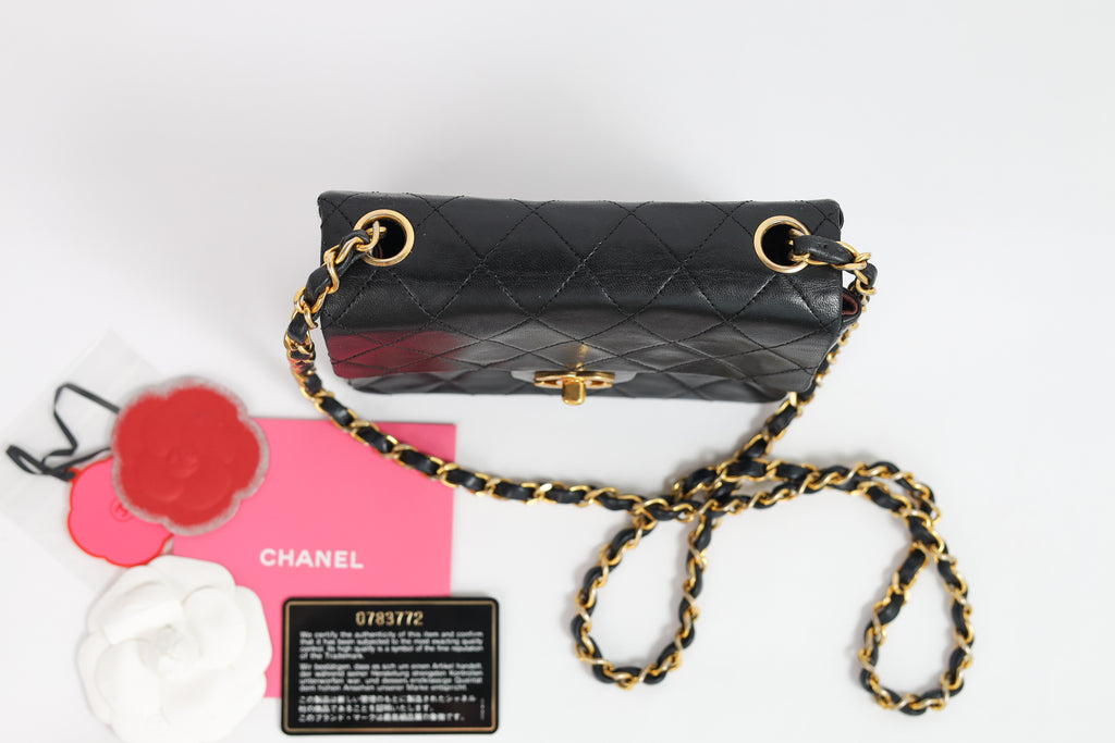 Authentic Chanel Mini square one flap Lambskin chain Shoulder Bag crossbody black