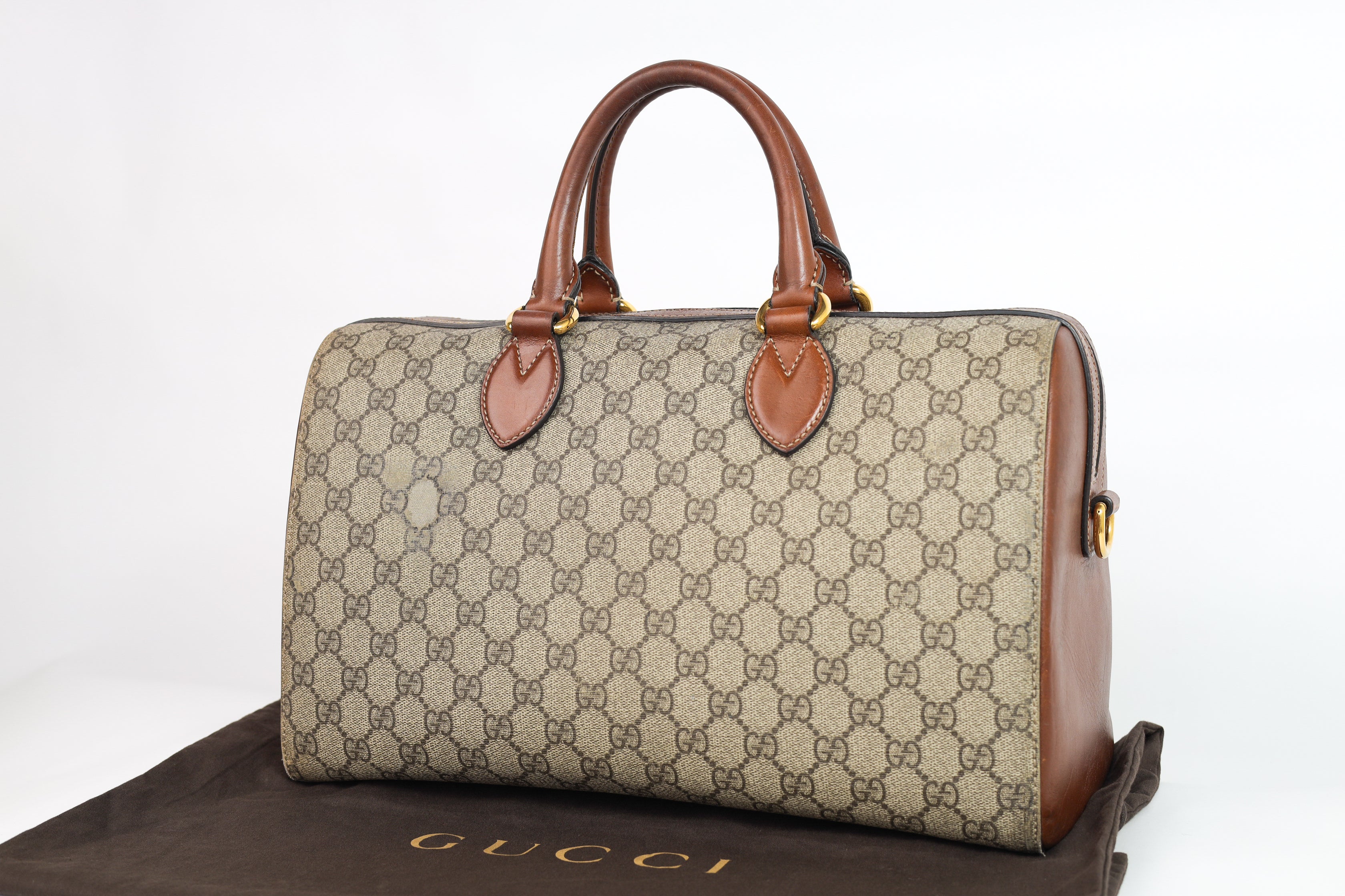 Authentic Gucci Boston Supreme Medium  Brown in Leather Canvas Monogram Satchel