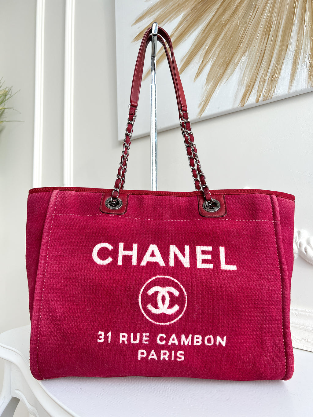 Authentic Chanel Deauville tote red in Cotton Shoulder handbag