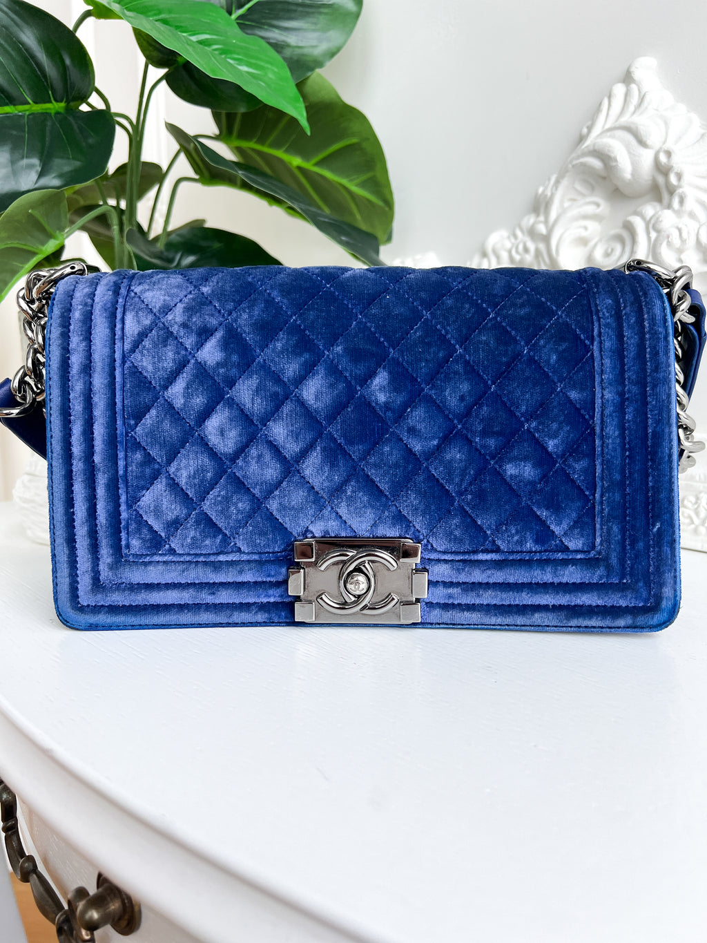 Authentic Chanel Old Boy velvet blue crossbody