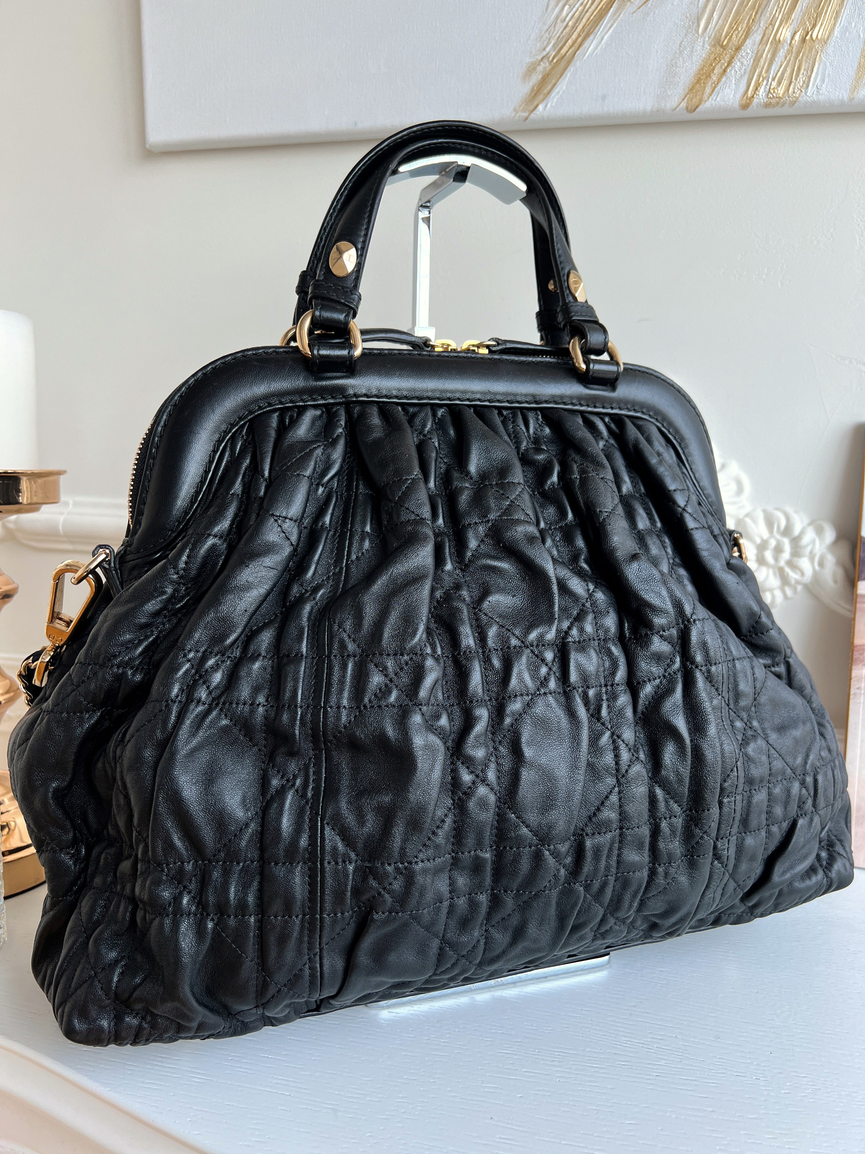 Christian Dior Gaufre Cannage Leather Black Lambskin Delices Bag