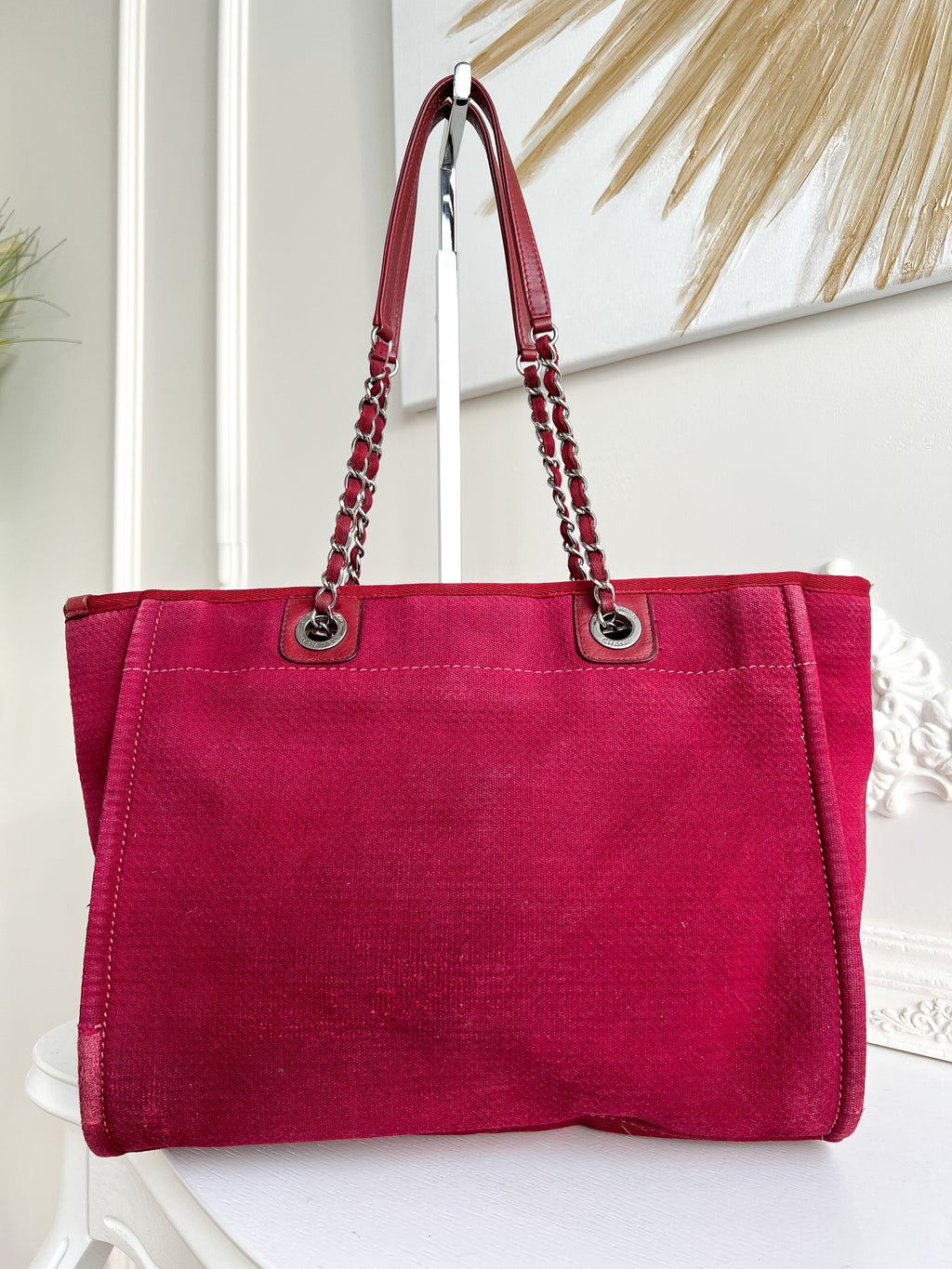Authentic Chanel Deauville tote red in Cotton Shoulder handbag