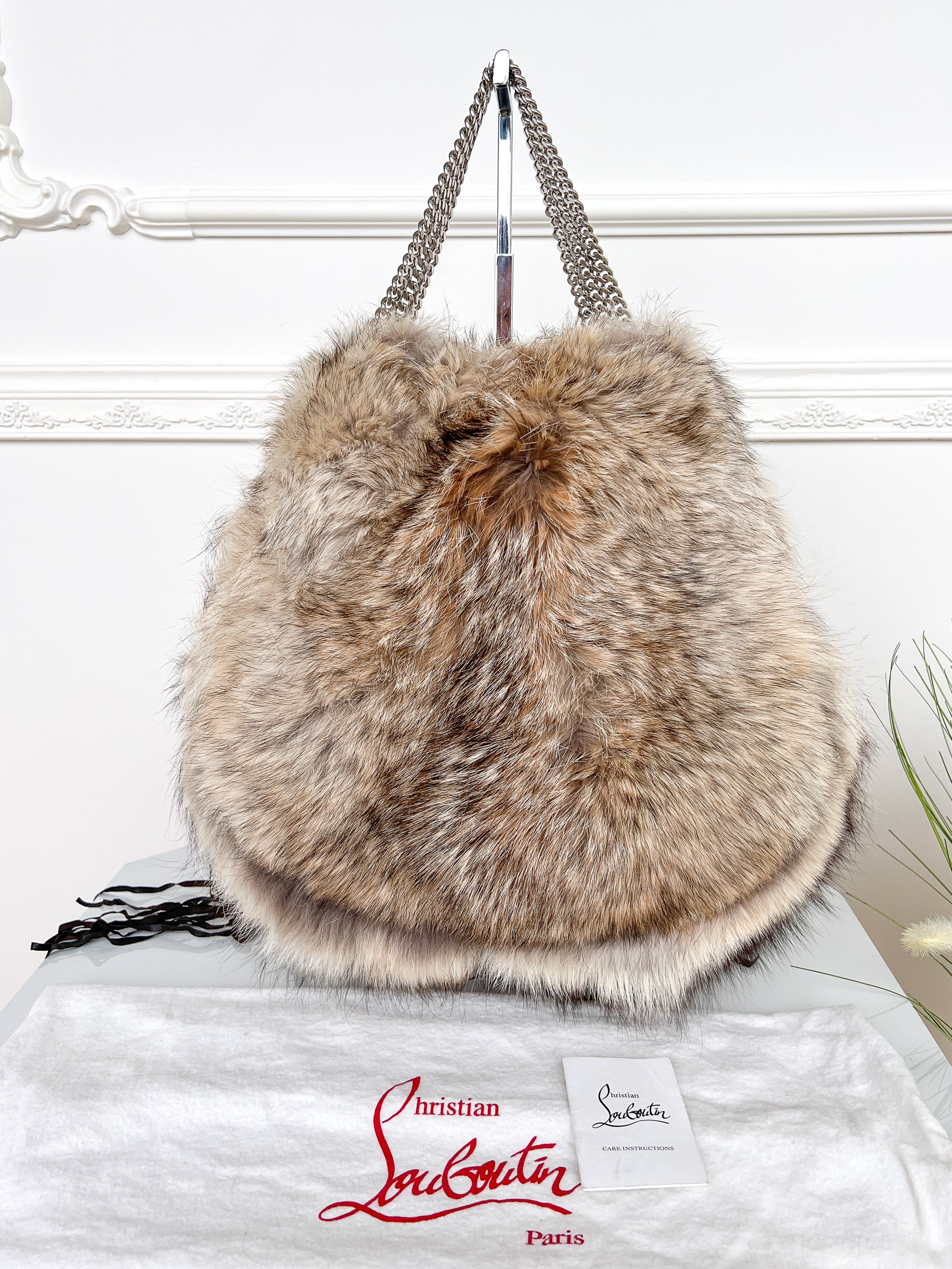 Authentic Christian Louboutin Marianna medium rider coyote fur chains shoulder handbag