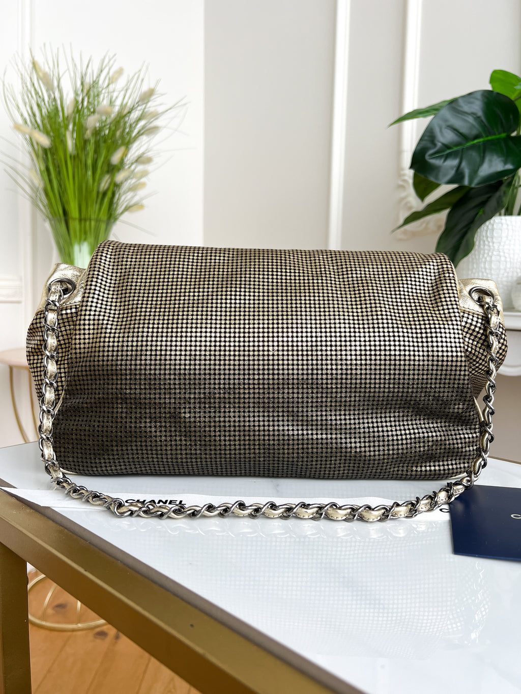 Authentic Chanel tote accordion gold leather chain bag crossbody handbag