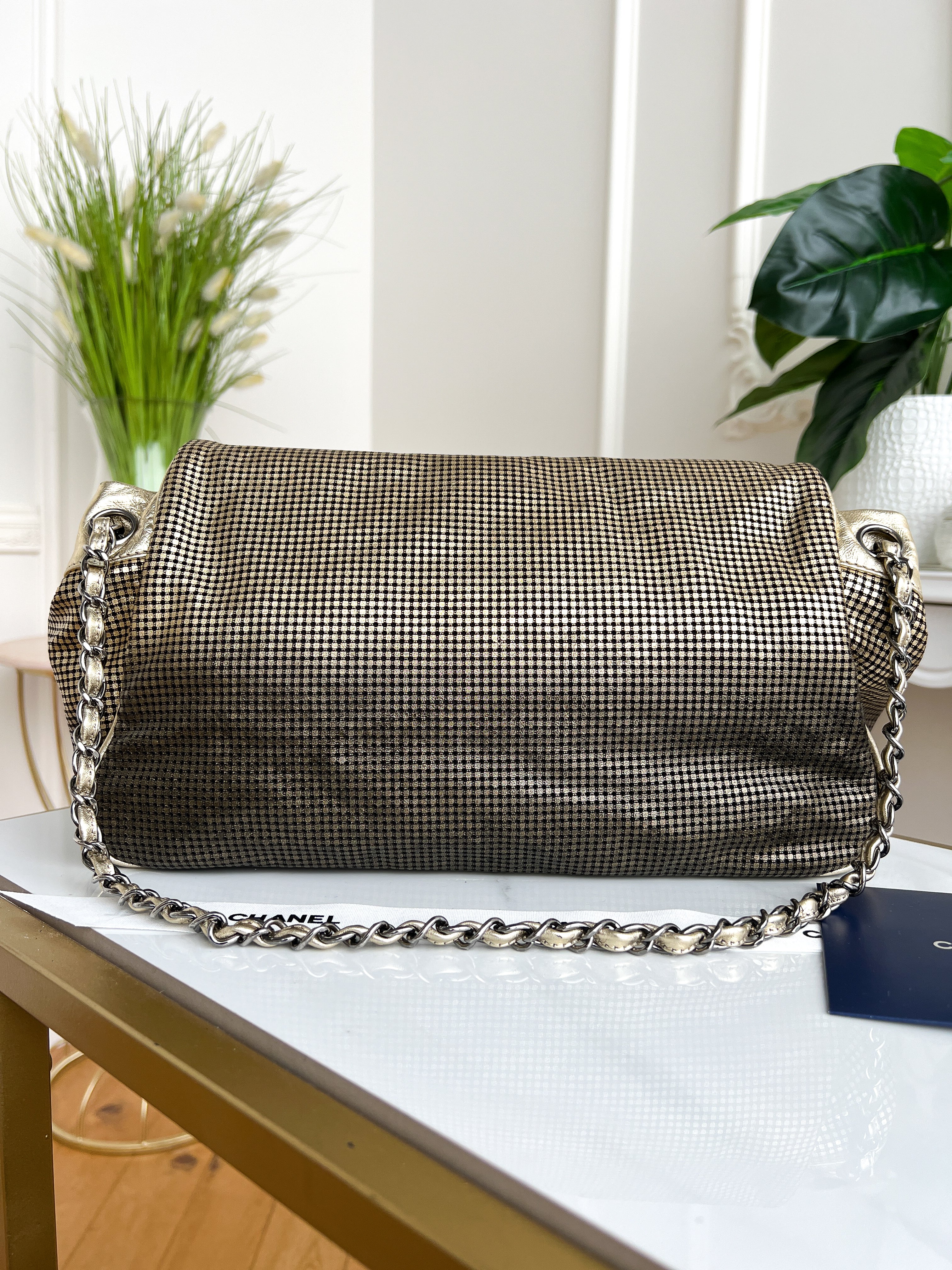 Authentic Chanel tote accordion gold leather chain bag crossbody handbag