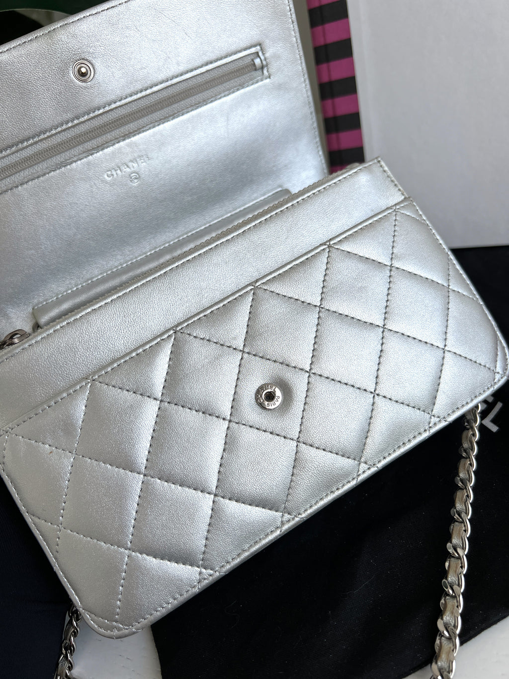 Chanel Woc Leather Lambskin Silver Chain Crossbody Clutch Bag