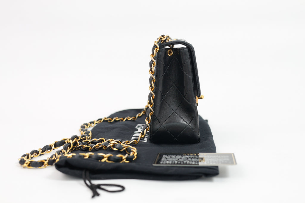Authentic Chanel Mini square one flap Lambskin chain Shoulder Bag crossbody black