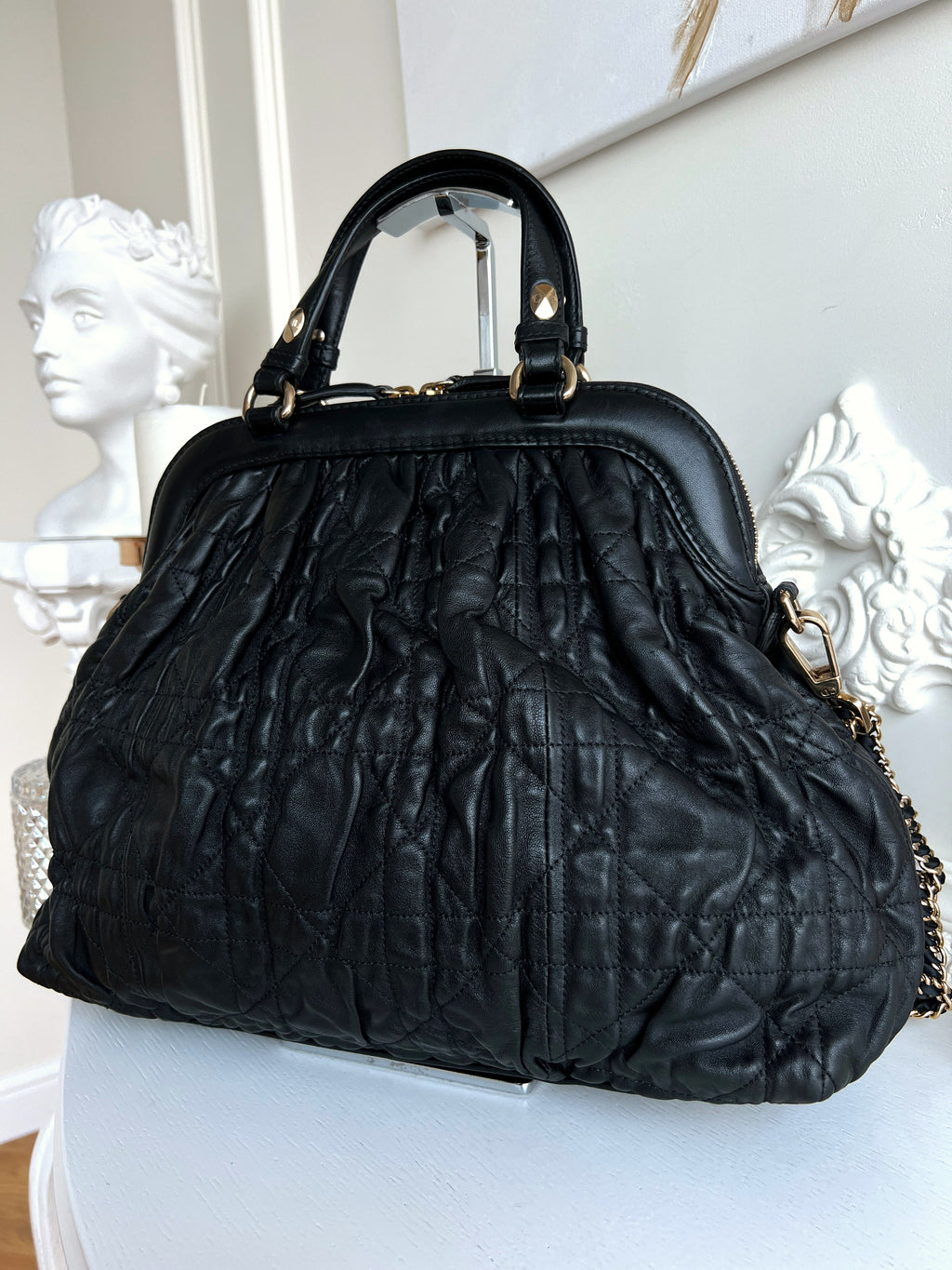 Christian Dior Gaufre Cannage Leather Black Lambskin Delices Bag
