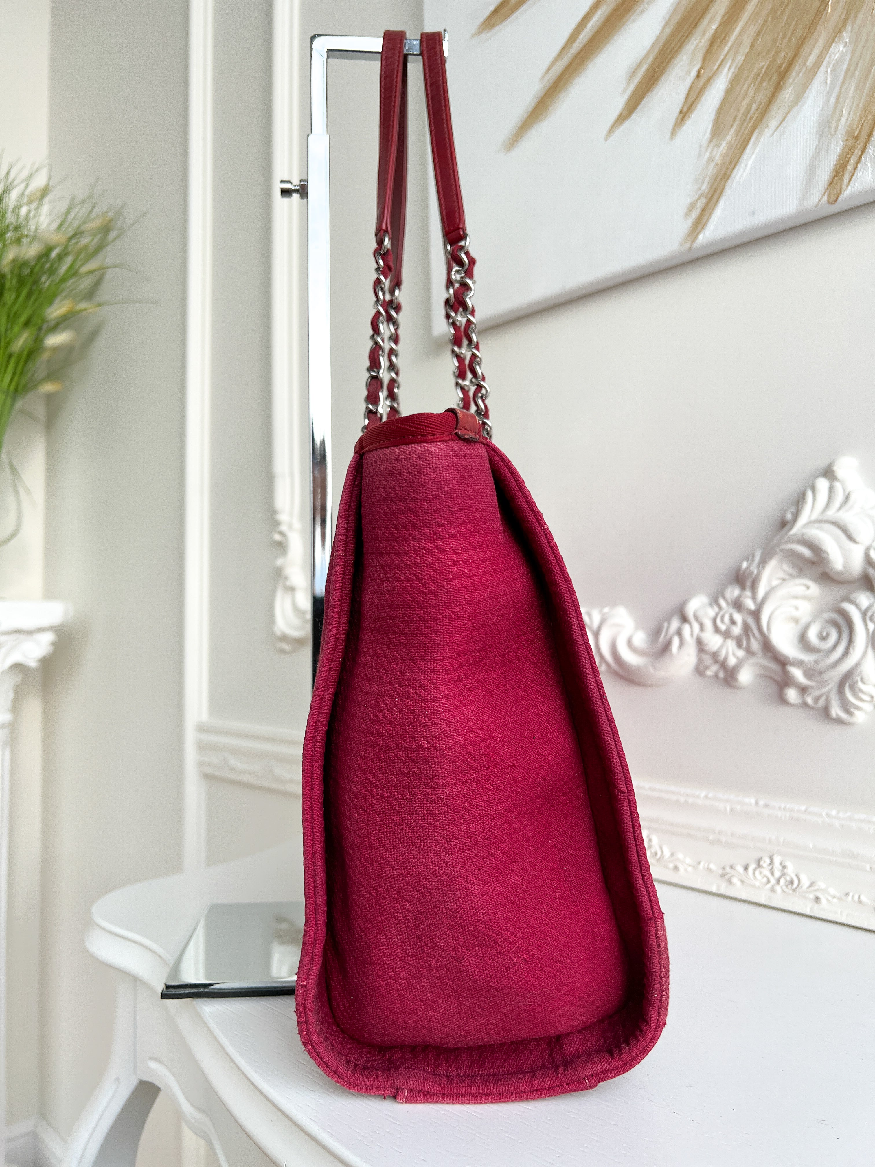 Authentic Chanel Deauville tote red in Cotton Shoulder handbag