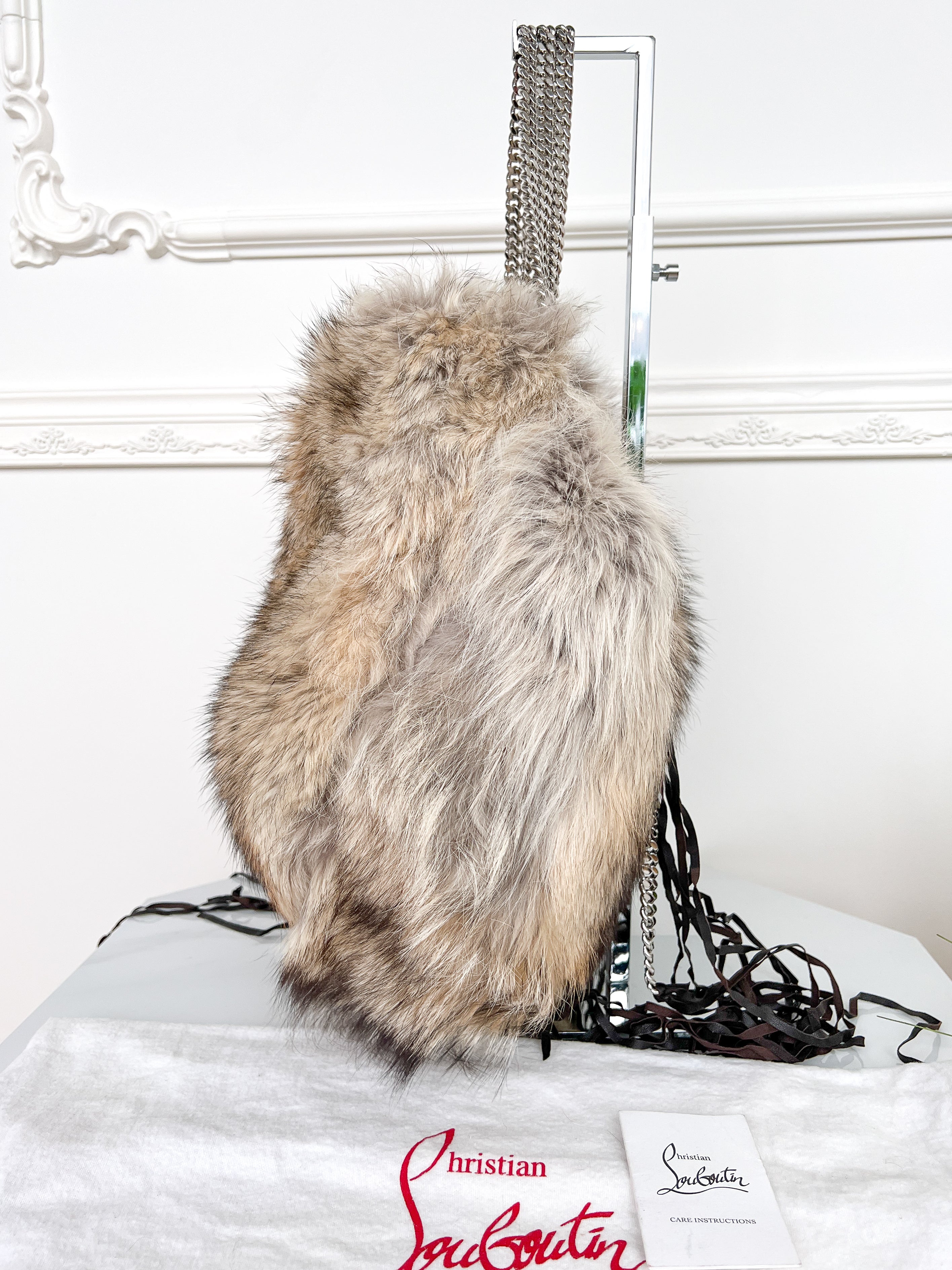 Authentic Christian Louboutin Marianna medium rider coyote fur chains shoulder handbag