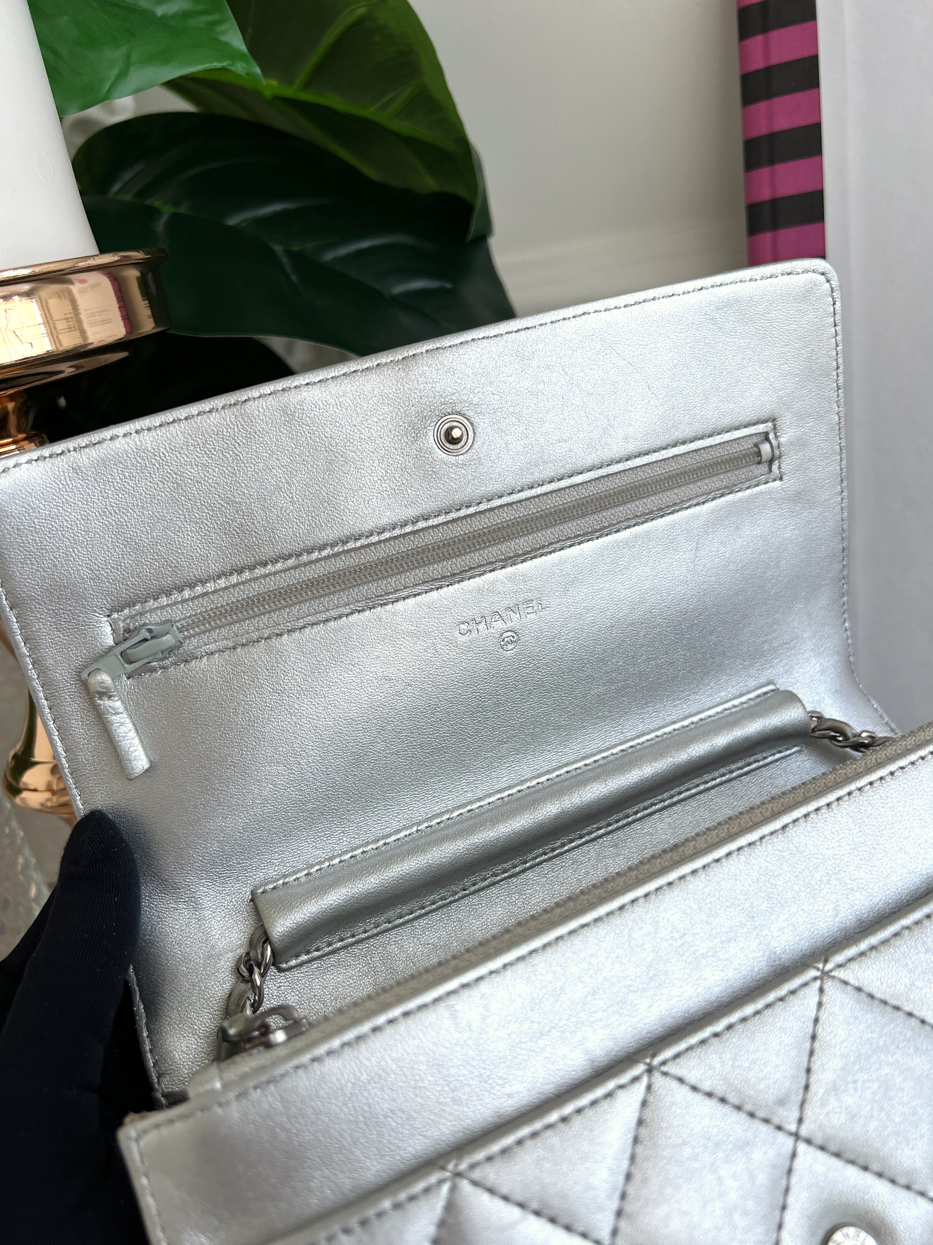 Chanel Woc Leather Lambskin Silver Chain Crossbody Clutch Bag