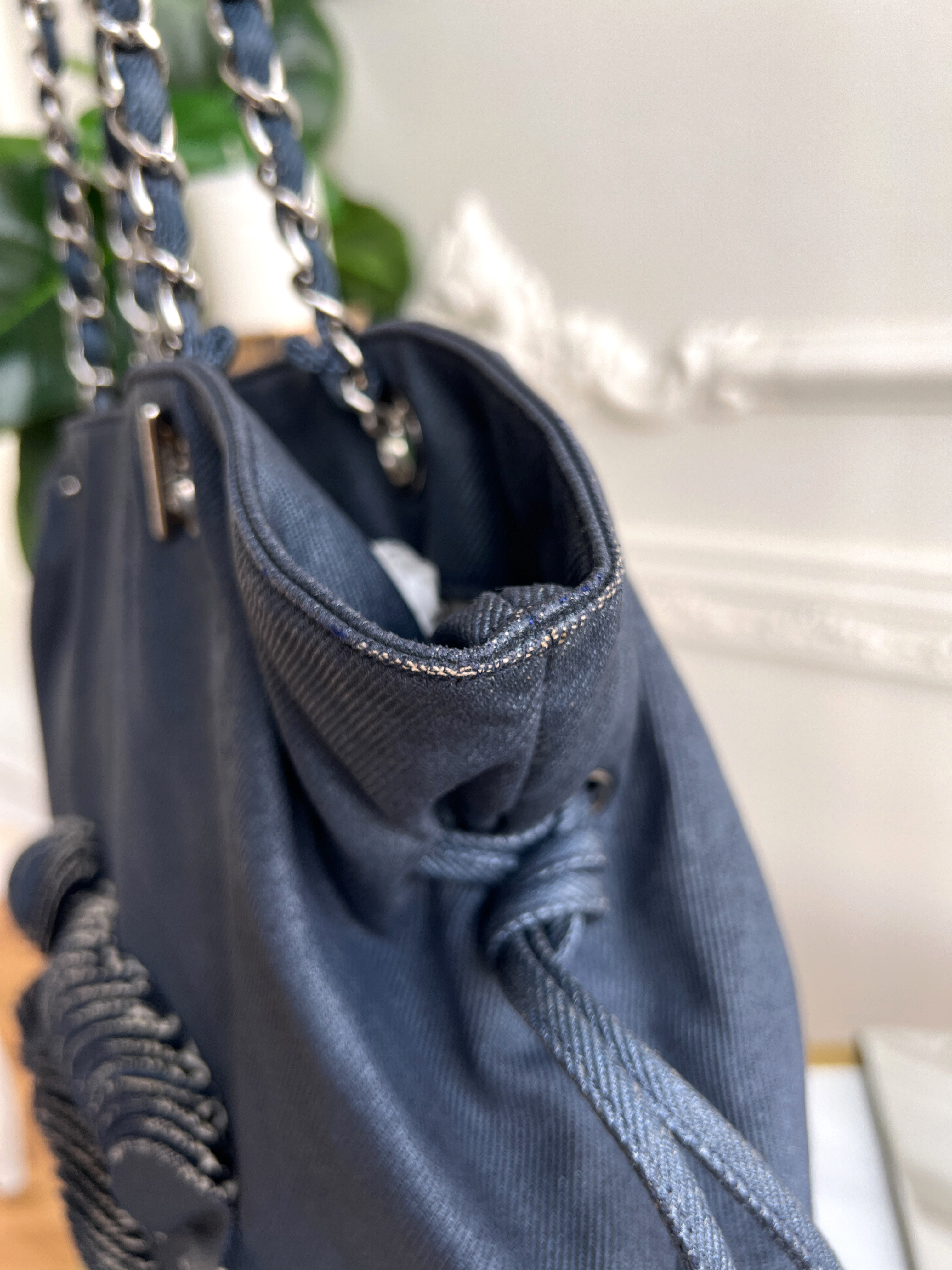 Chanel Denim Discus Large Drawstring Tote Shoulder Shopping CC Bag