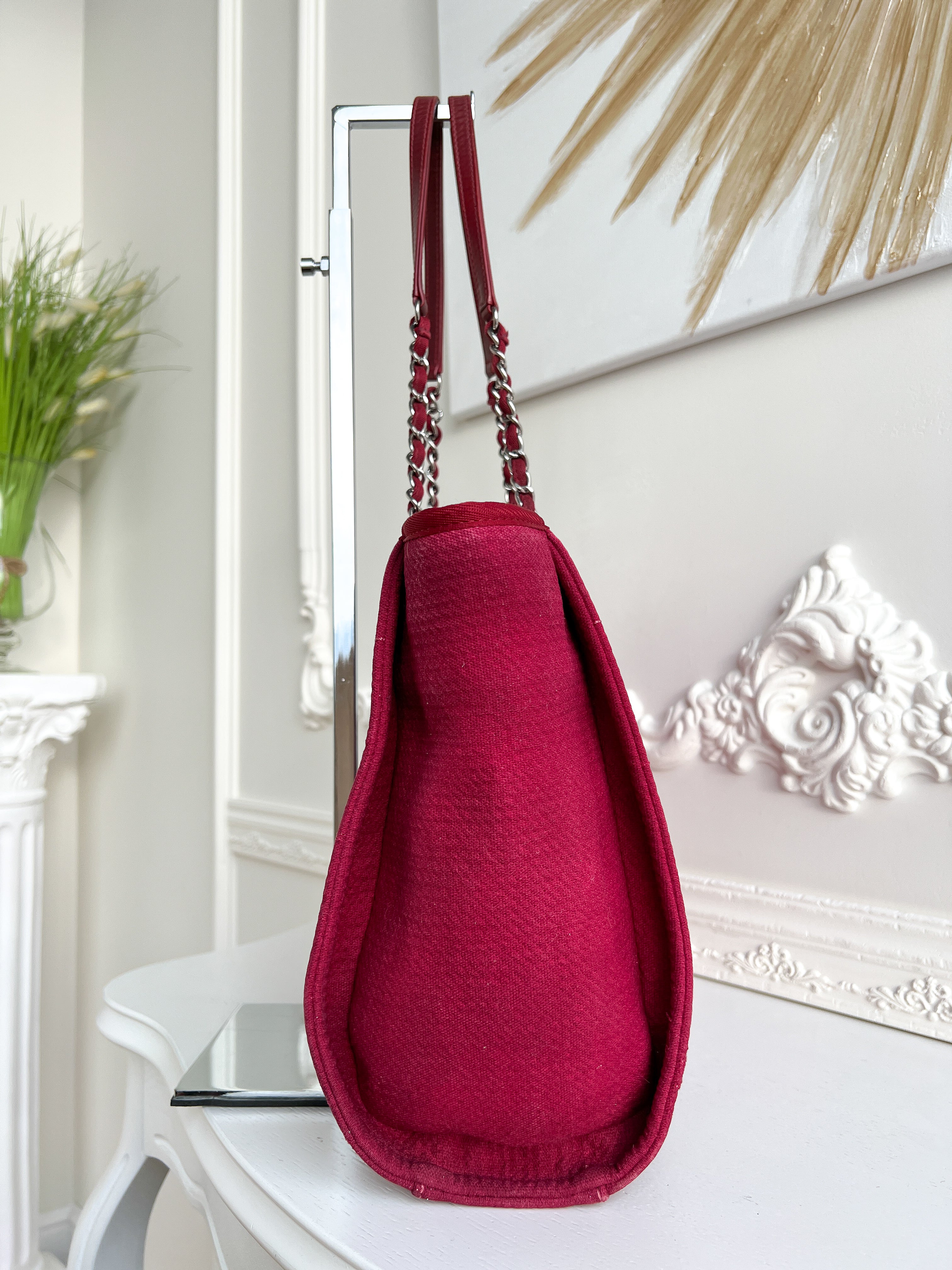Authentic Chanel Deauville tote red in Cotton Shoulder handbag