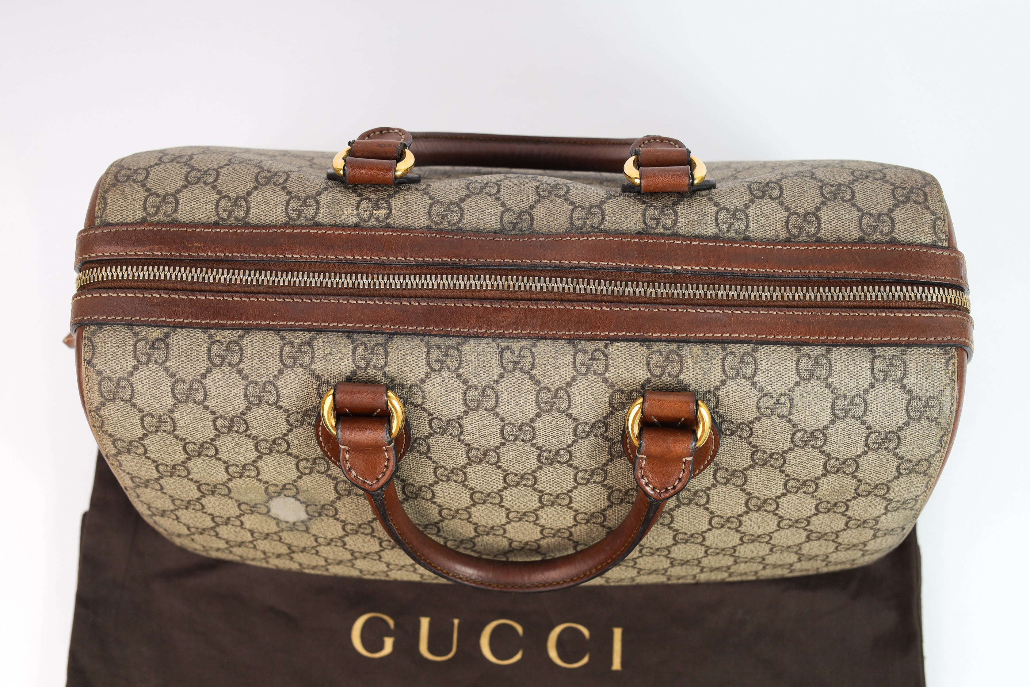 Authentic Gucci Boston Supreme Medium  Brown in Leather Canvas Monogram Satchel
