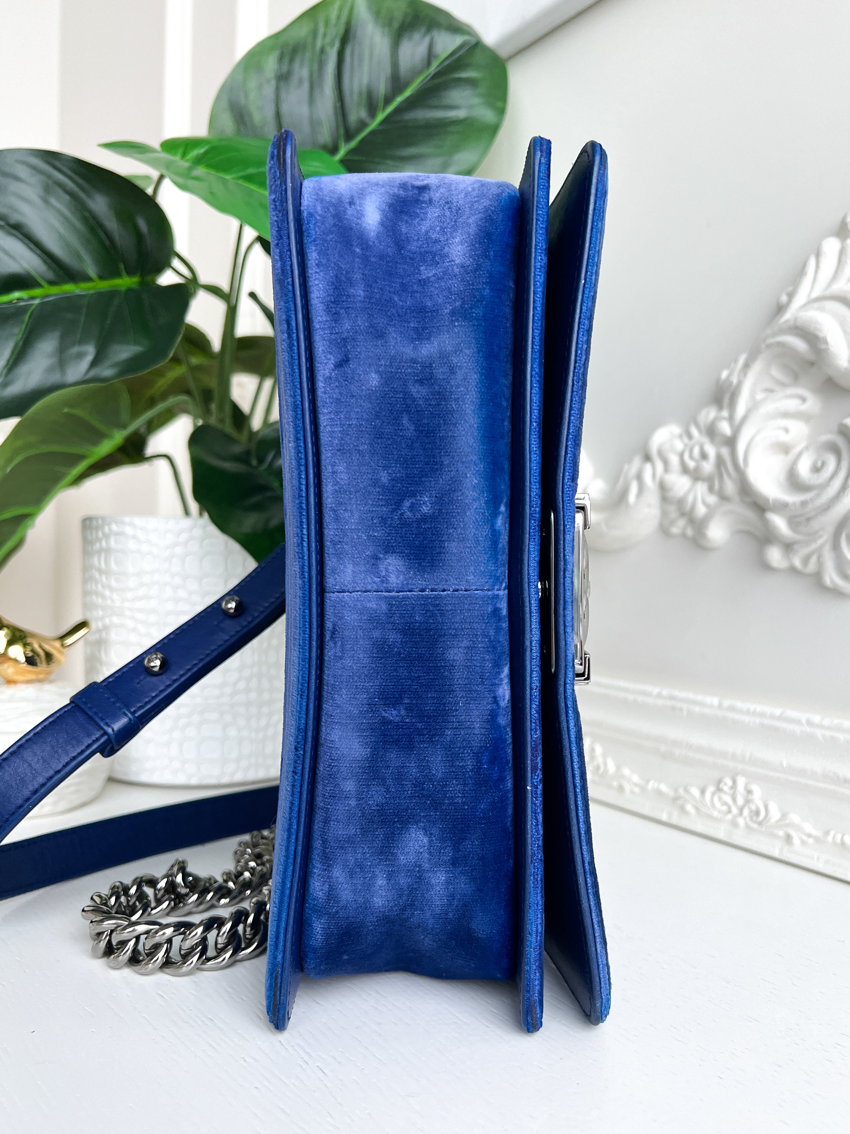 Authentic Chanel Old Boy velvet blue crossbody