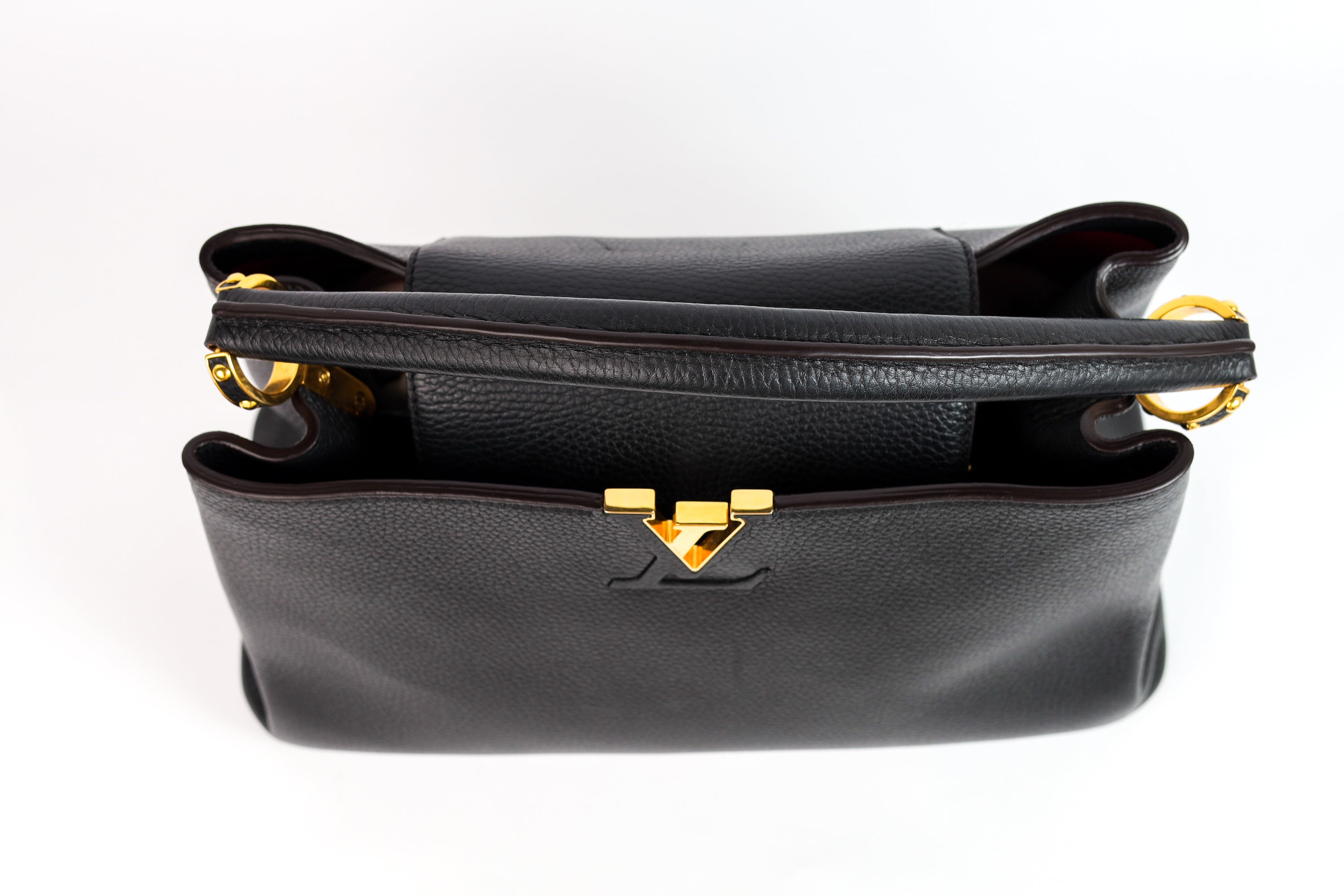 Authentic LV Capucines MM Black Leather Fuchsia Inside Handbag