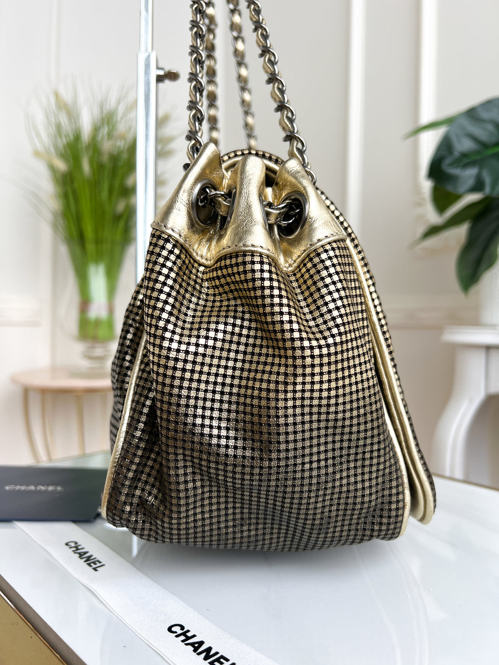 Authentic Chanel tote accordion gold leather chain bag crossbody handbag