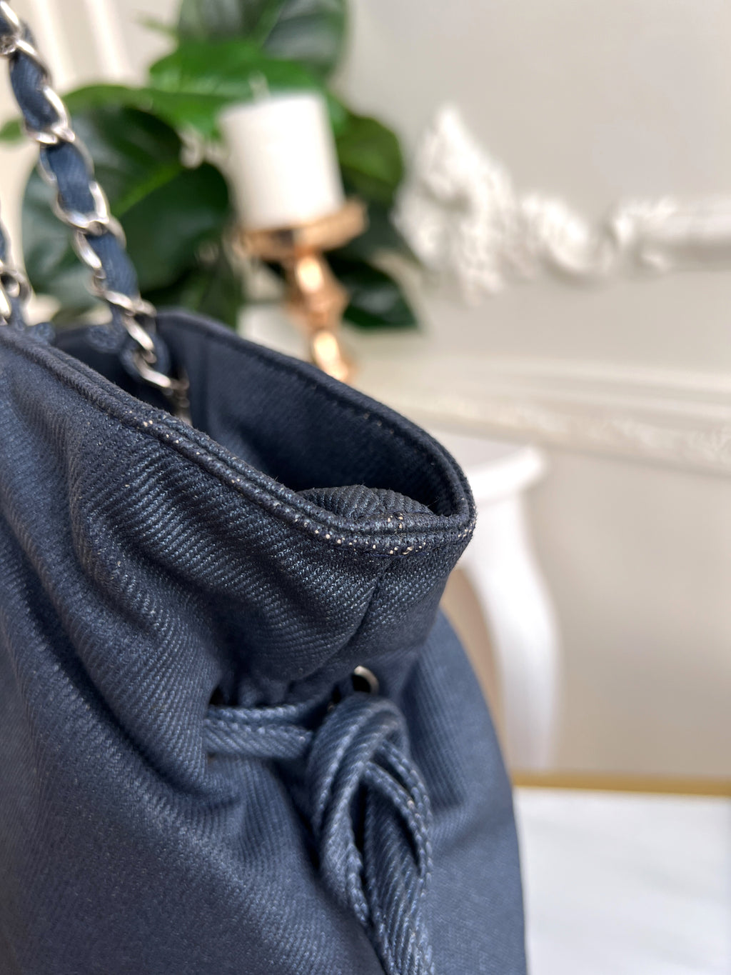 Chanel Denim Discus Large Drawstring Tote Shoulder Shopping CC Bag