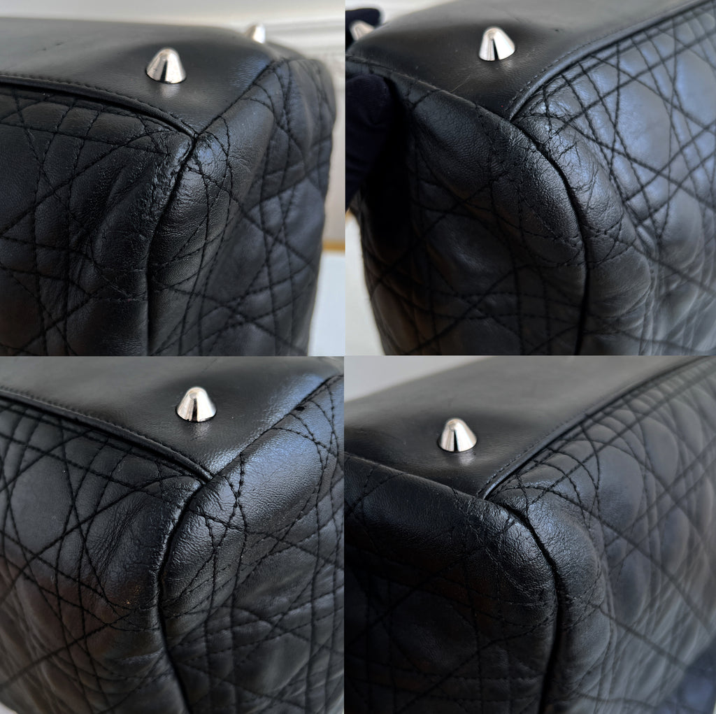 Christian Dior Silver Tote Canage Black Quilted Leather Bag