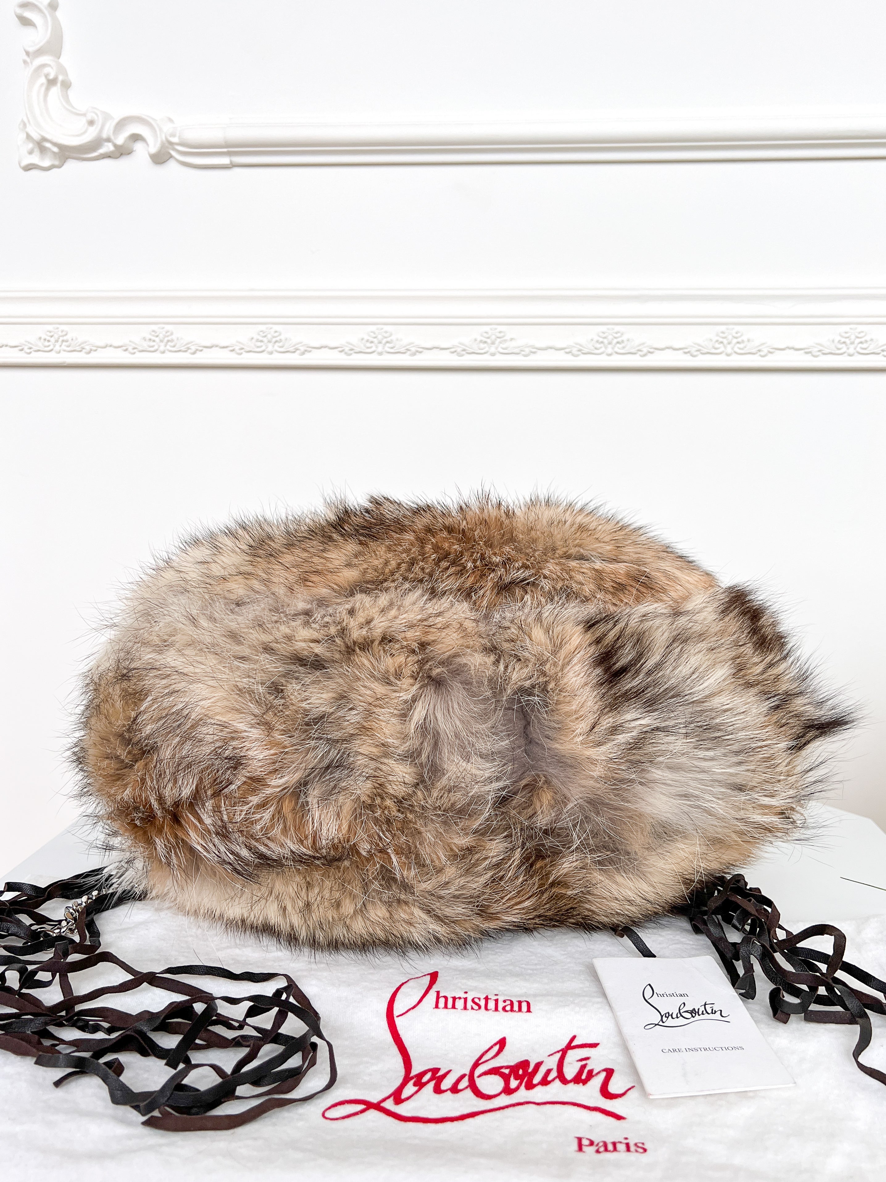 Authentic Christian Louboutin Marianna medium rider coyote fur chains shoulder handbag