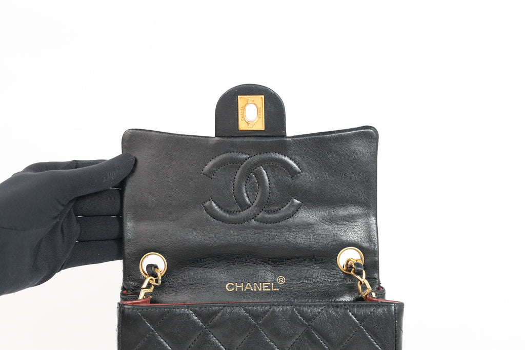 Authentic Chanel Mini square one flap Lambskin chain Shoulder Bag crossbody black
