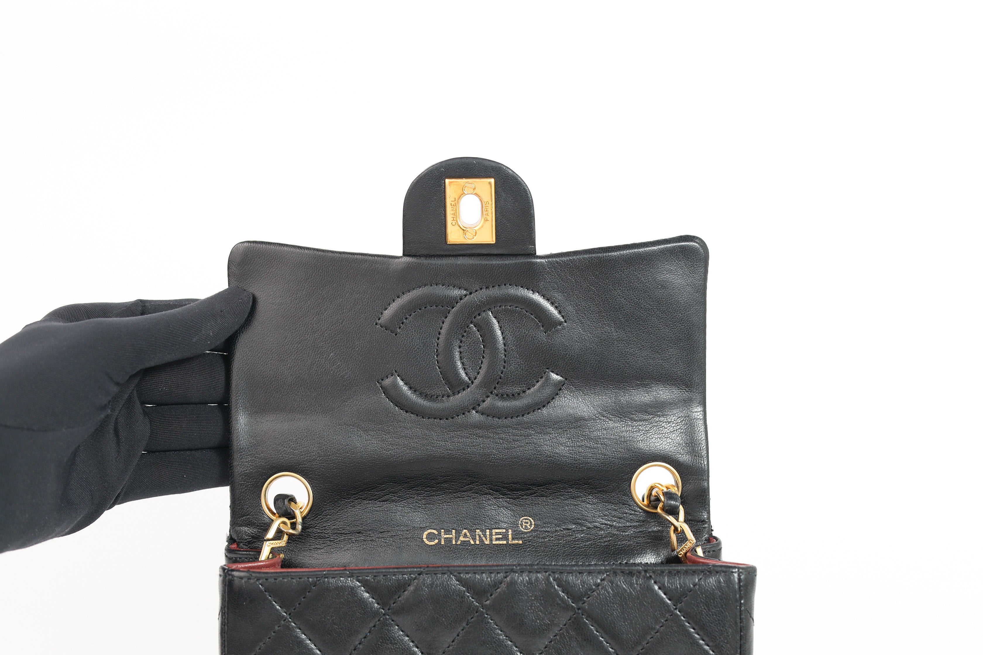 Authentic Chanel Mini square one flap Lambskin chain Shoulder Bag crossbody black