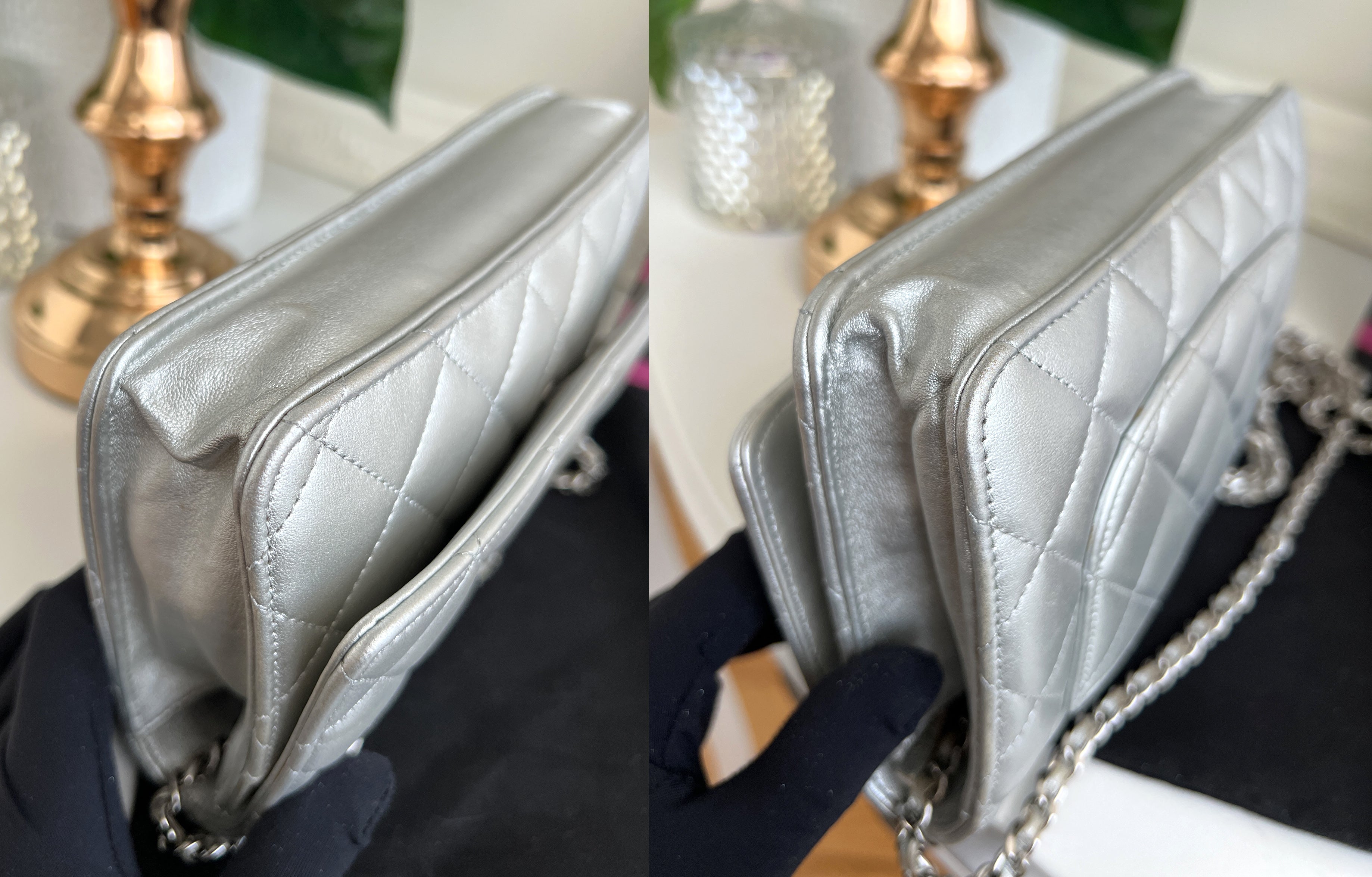 Chanel Woc Leather Lambskin Silver Chain Crossbody Clutch Bag