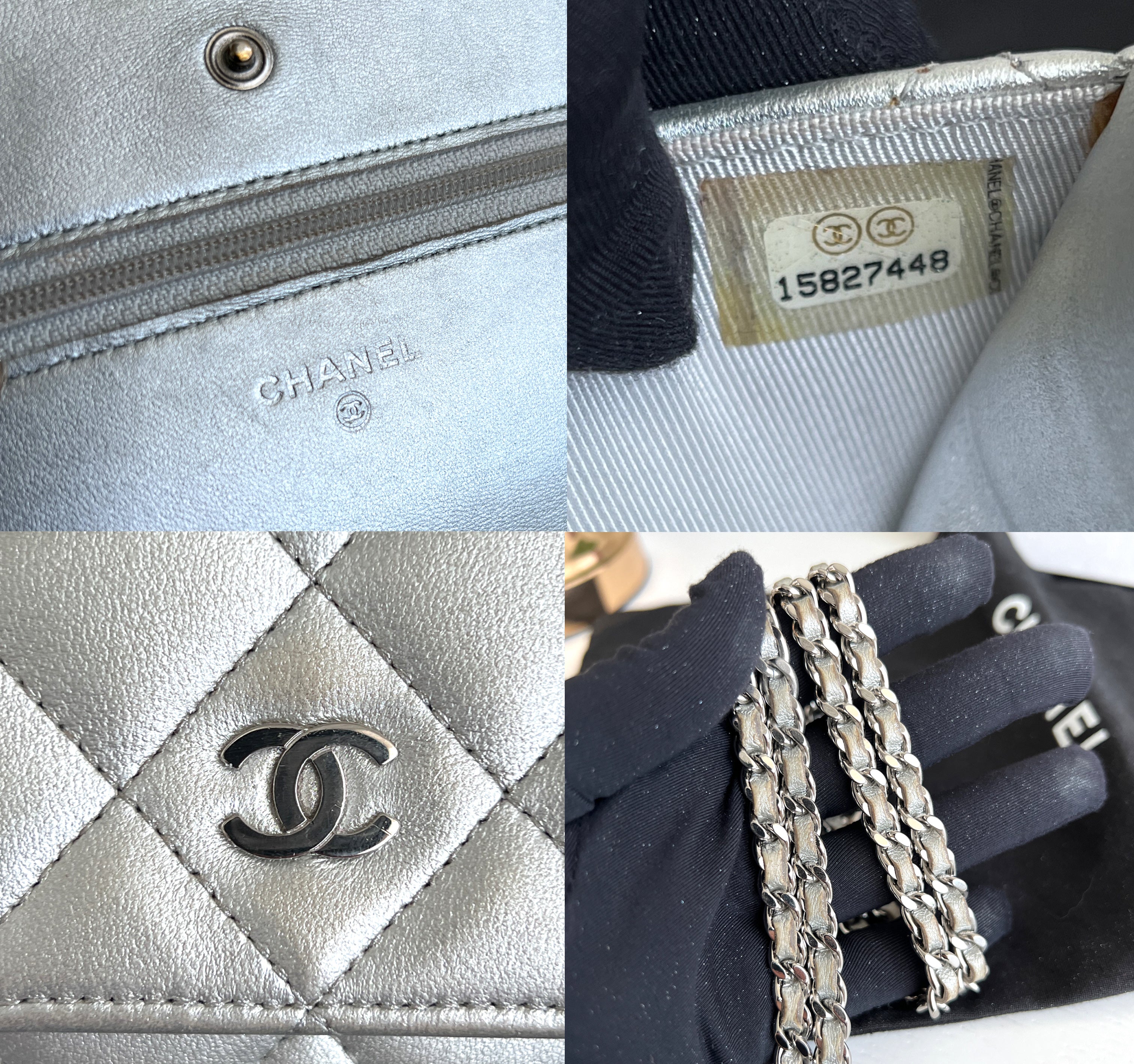Chanel Woc Leather Lambskin Silver Chain Crossbody Clutch Bag