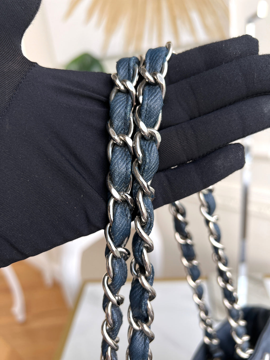 Chanel Denim Discus Large Drawstring Tote Shoulder Shopping CC Bag