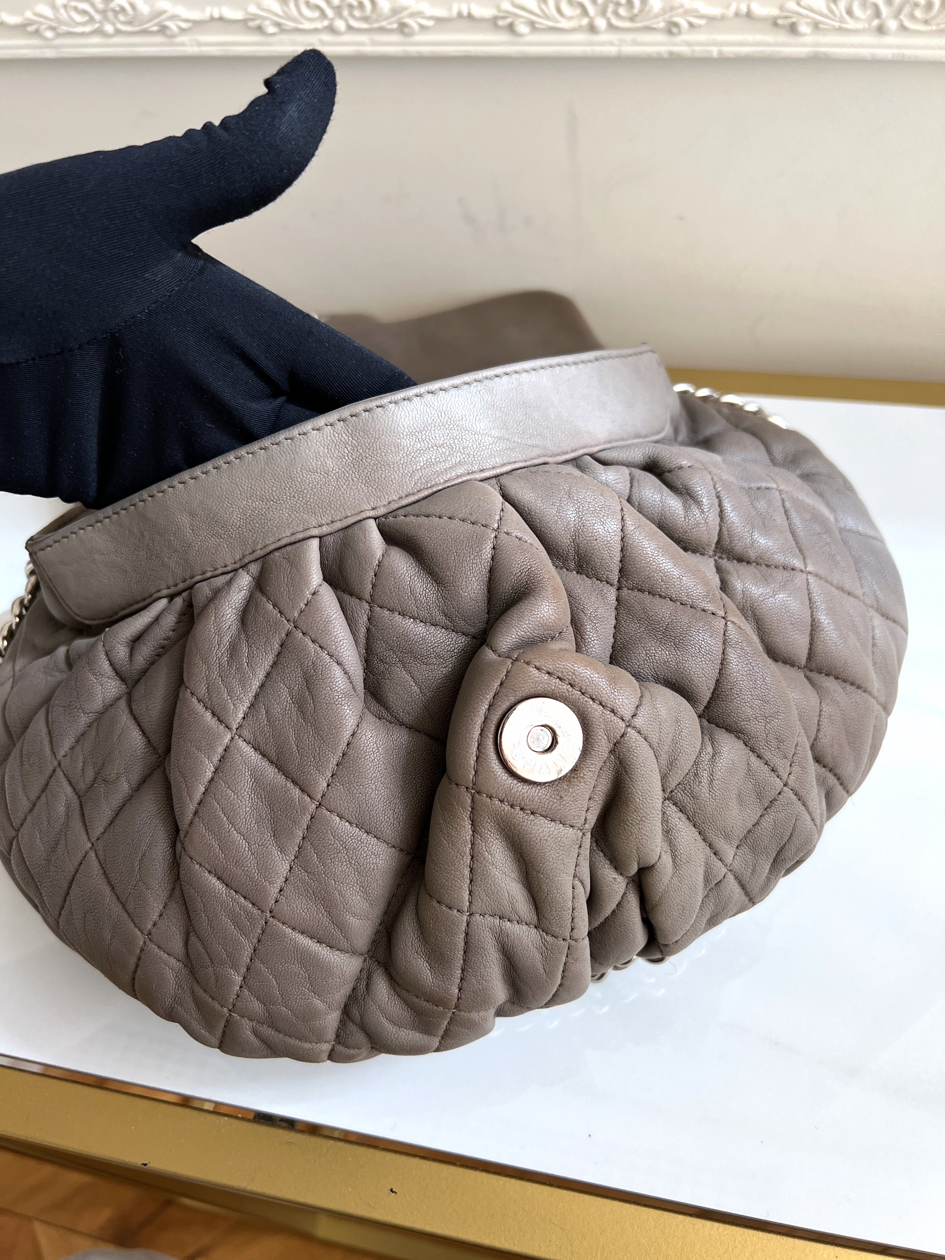 Chanel Quilted Large Chain Flap Taupe Crossbody Gray-Beige Clutch