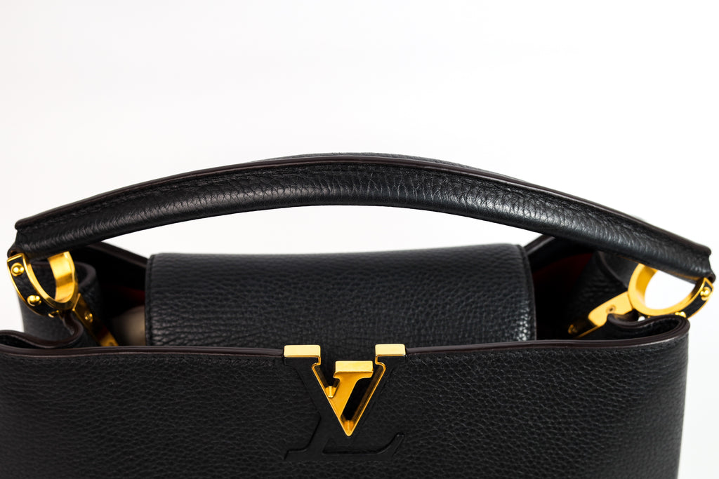 Authentic LV Capucines MM Black Leather Fuchsia Inside Handbag