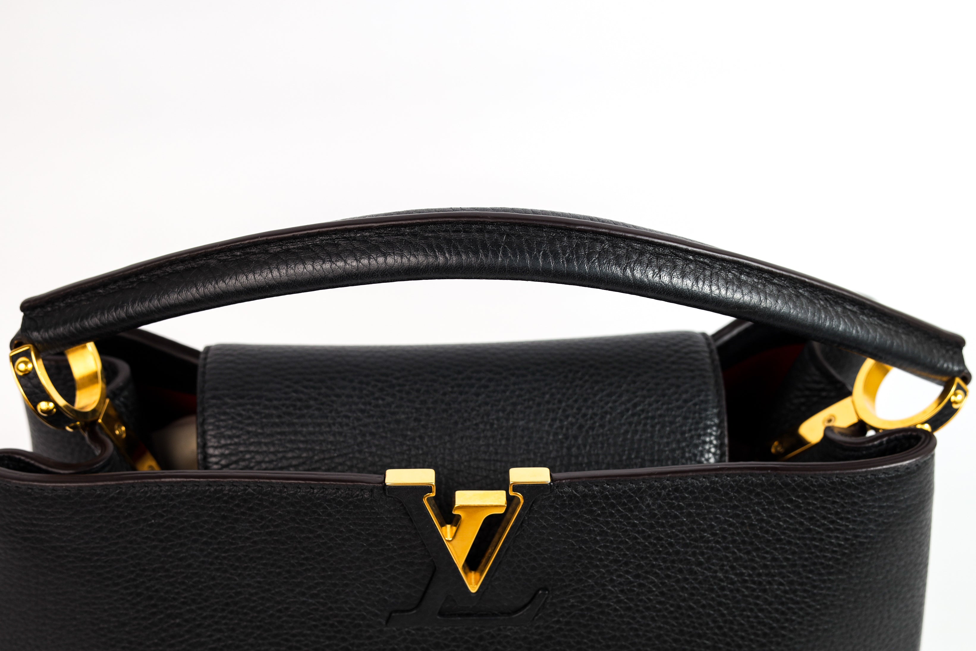 Authentic LV Capucines MM Black Leather Fuchsia Inside Handbag
