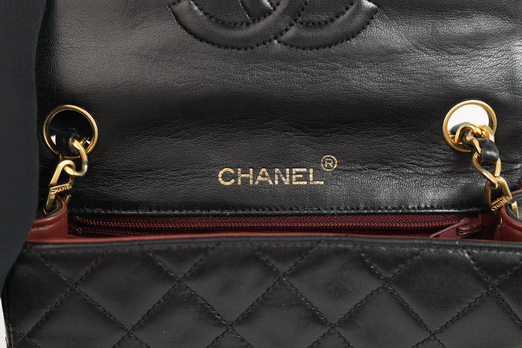 Authentic Chanel Mini square one flap Lambskin chain Shoulder Bag crossbody black
