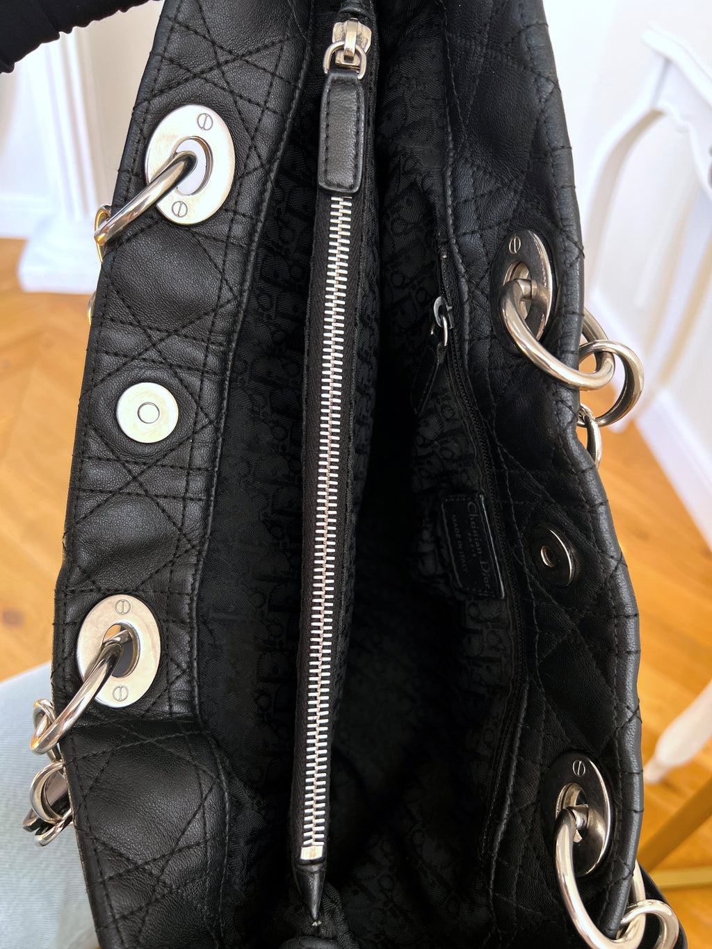 Christian Dior Silver Tote Canage Black Quilted Leather Bag