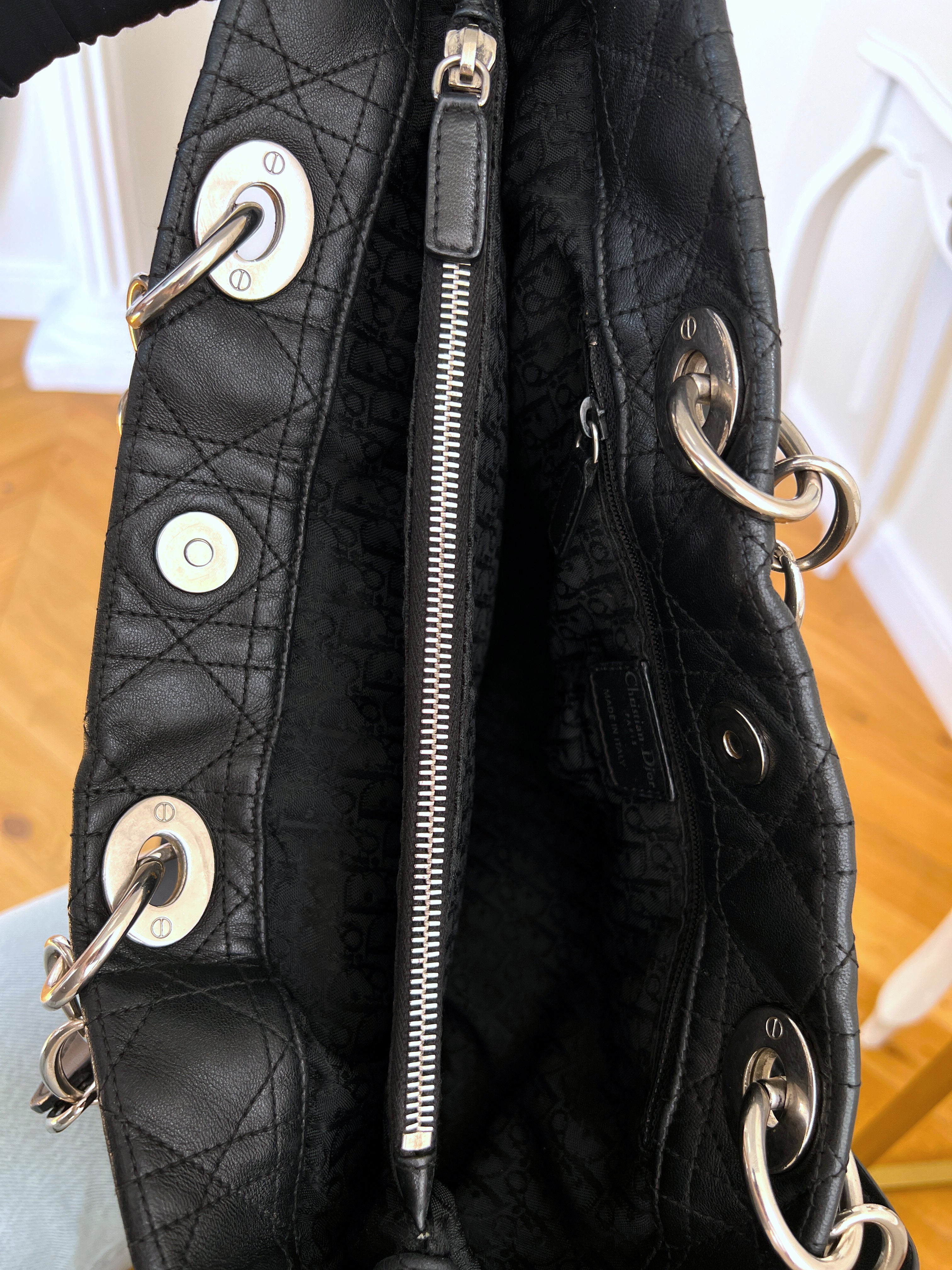 Christian Dior Silver Tote Canage Black Quilted Leather Bag
